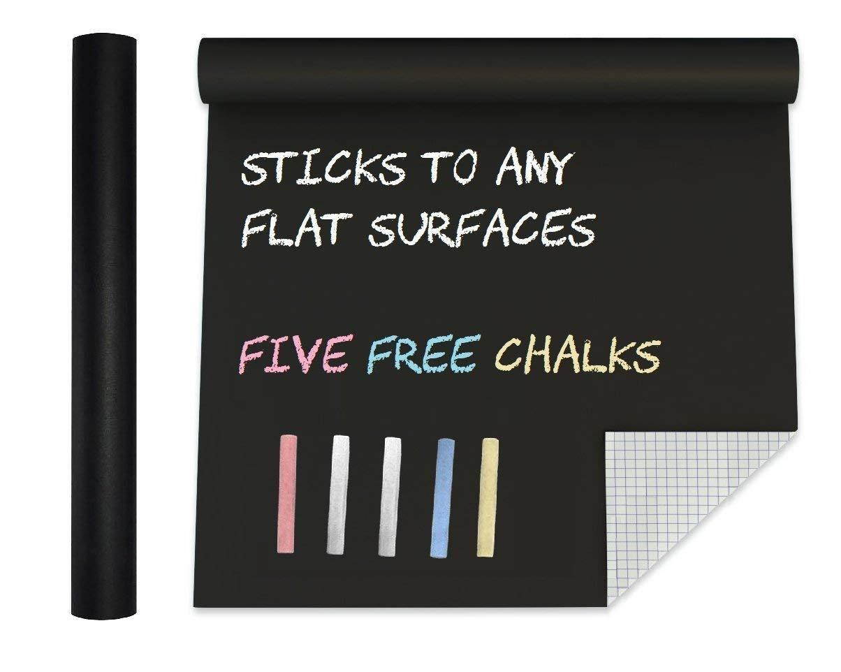 Extra Large Chalkboard Contact Paper Vinyl Wall Decal Poster (6.5 Feet) Blackboard Roll Adhesive Chalk Board Paint Alternative w/Bonus Chalks - Peel and Stick Black DIY Wallpaper Sizes 17.8" X 78.7"