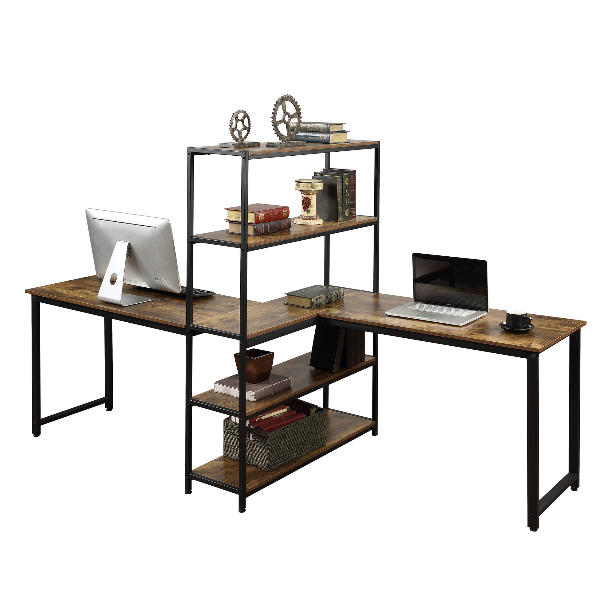 Home Office Two Person Computer Desk with Shelves Extra Large Double Workstations Office Desk Gaming Desk with Storage Shelves Brown