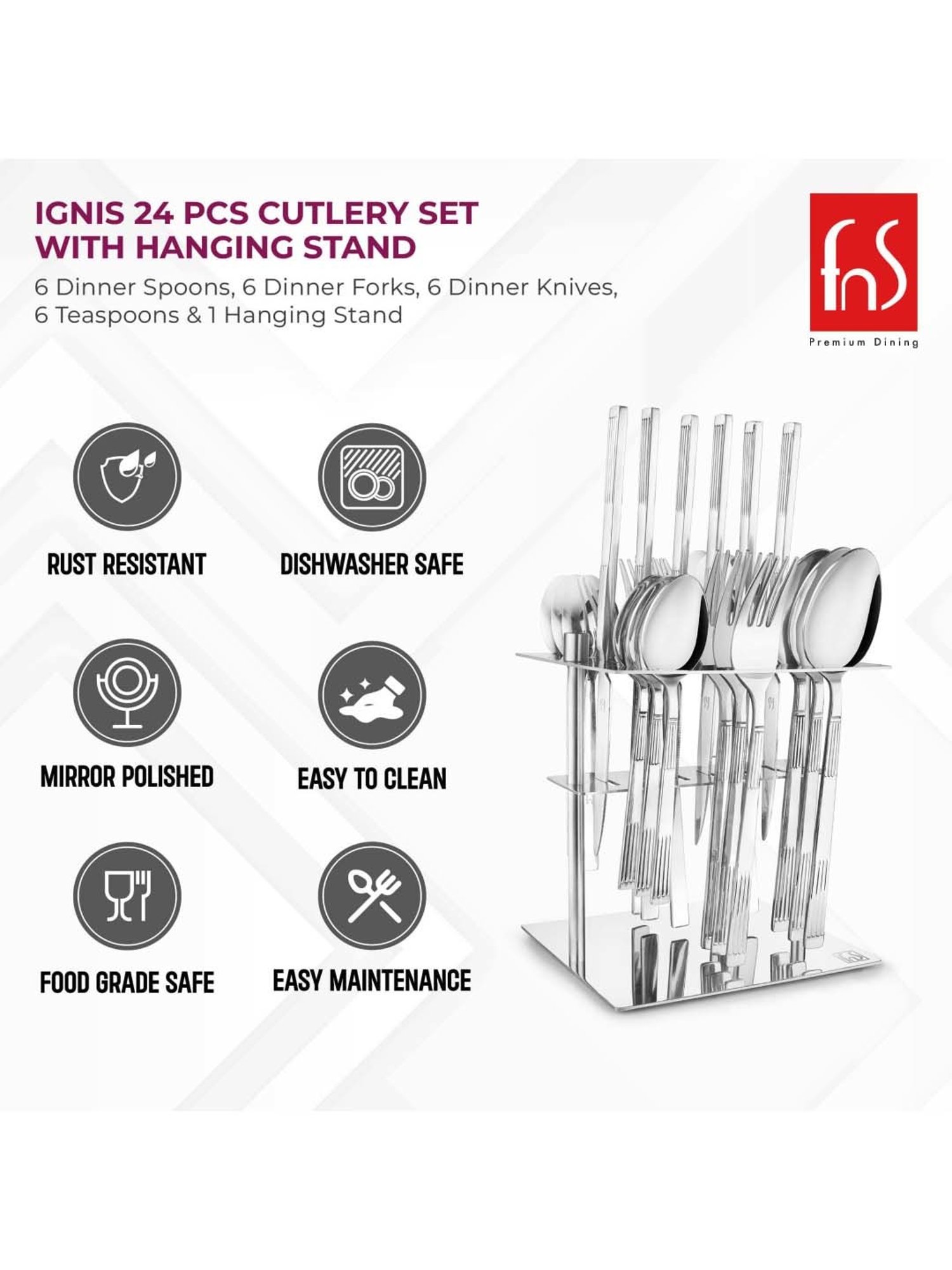 FnS Ignis Silver Stainless Steel Cutlery - Set of 24
