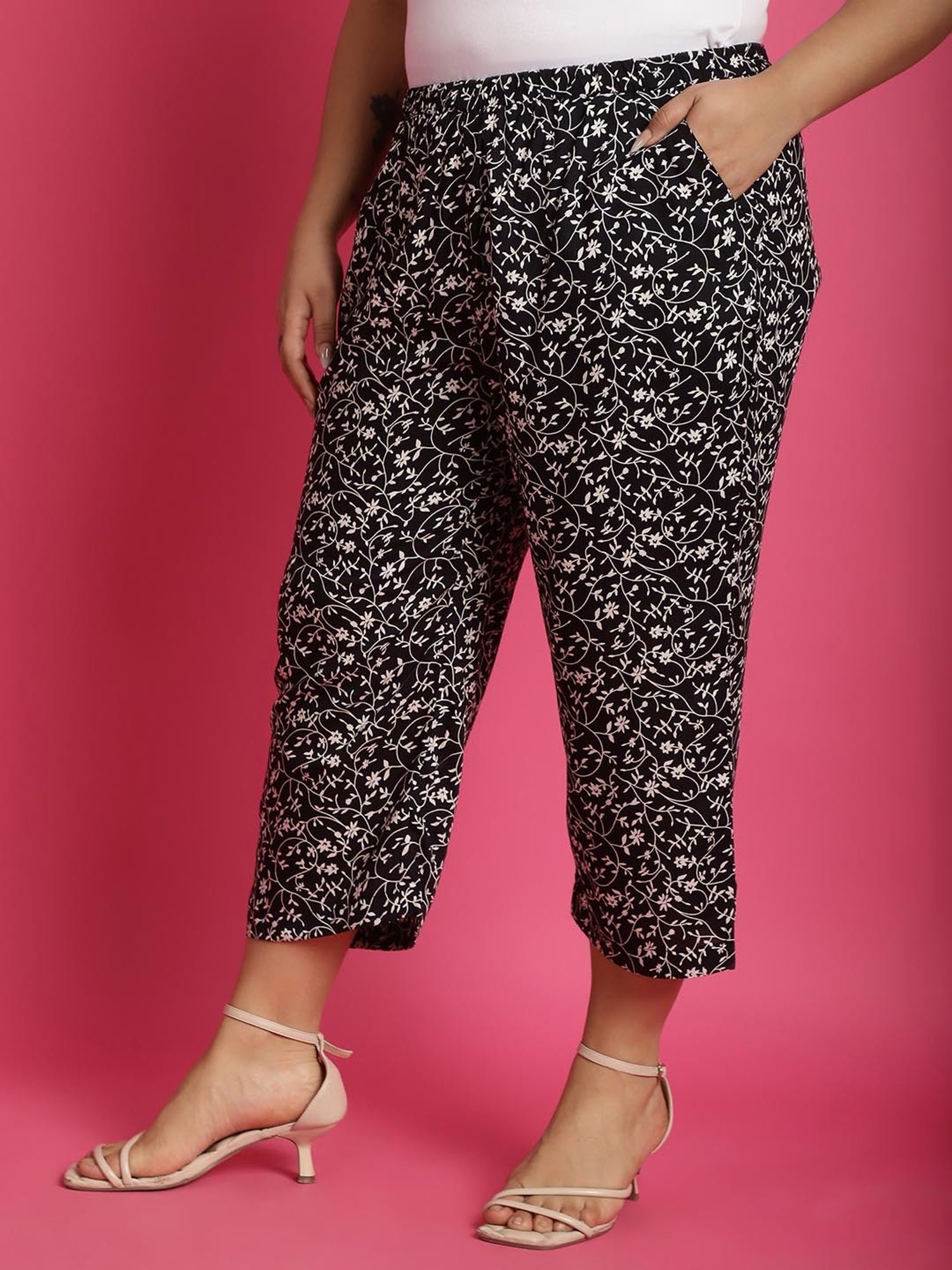 theRebelinme Black Floral Print High Rise Capris