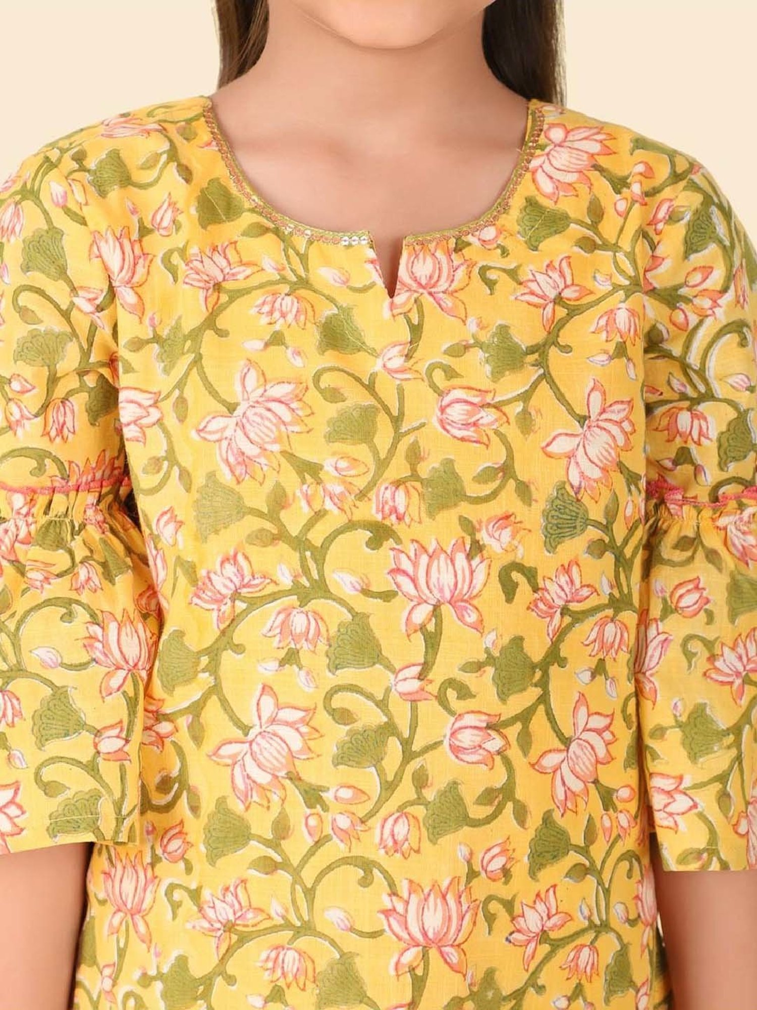 Fabindia Girls Yellow & Pink Cotton Printed Salwar Set