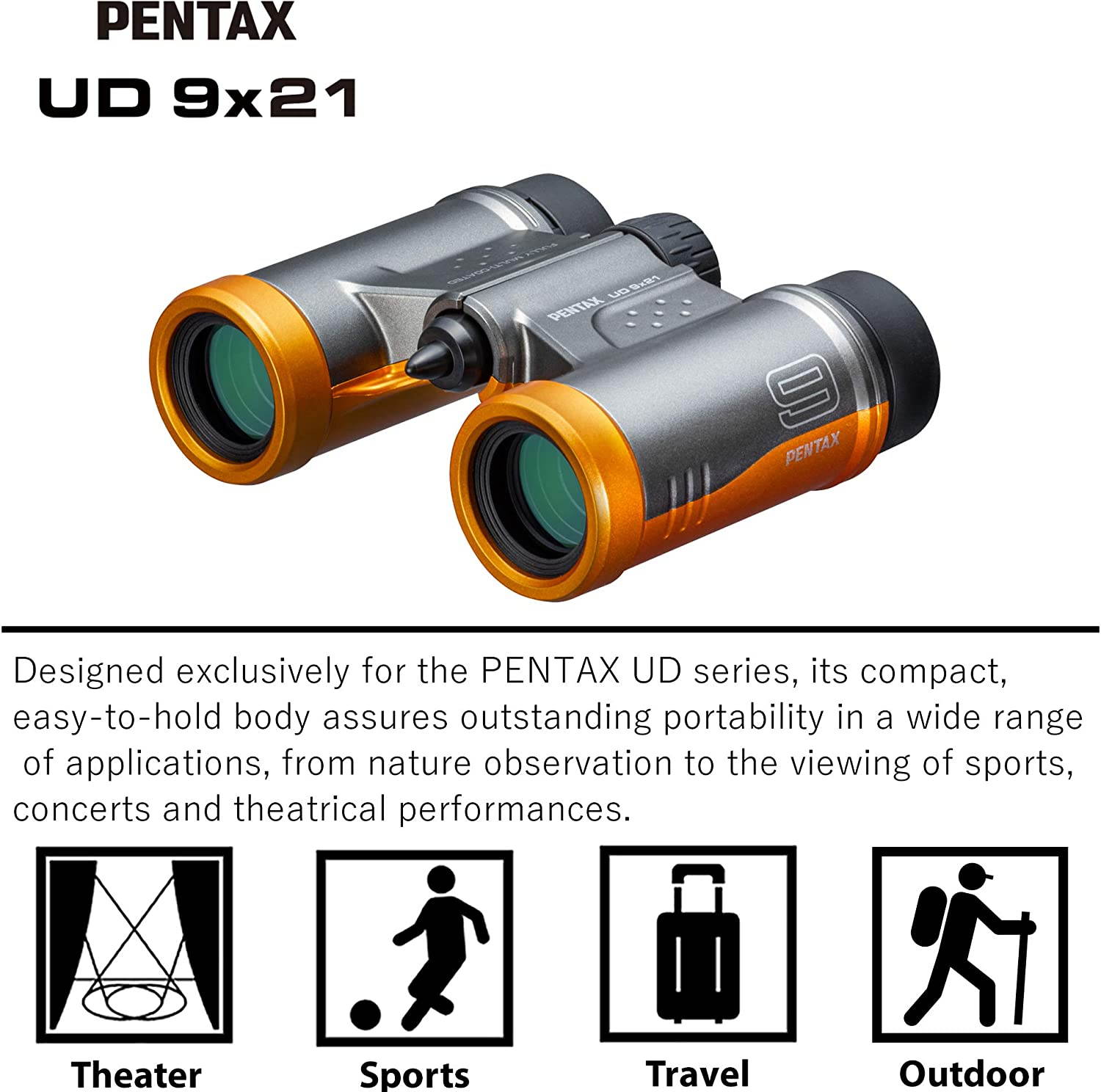 PENTAX Binoculars UD 9x21 Gray and Orange Lightweight Body