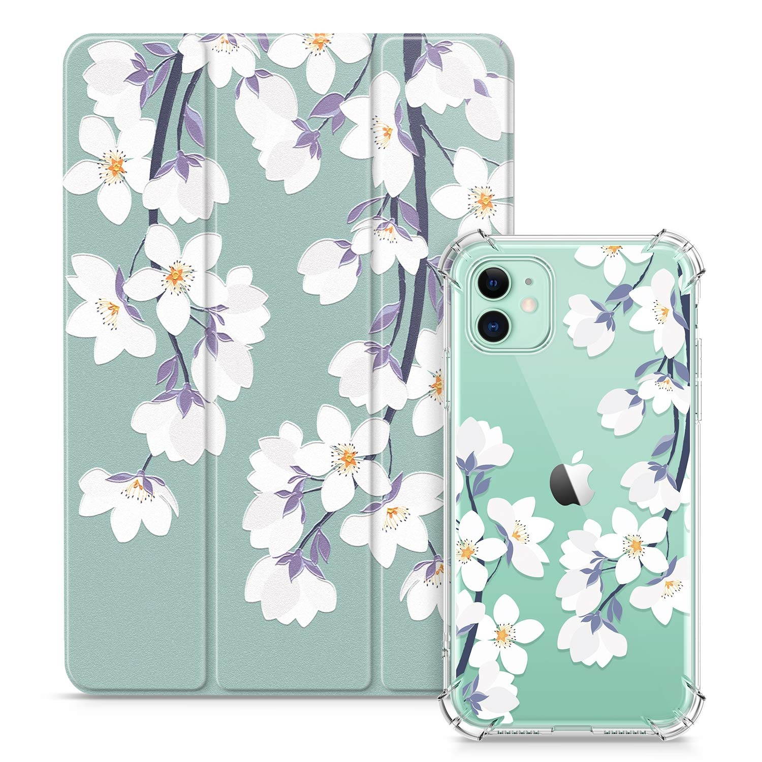 GVIEWIN Flower Case Bundle - Compatible with iPhone 11 6.1" & iPad 8th/7th Generation 10.2" Trifold Smart Case - (Windflower/White) (2 Items Bundle)