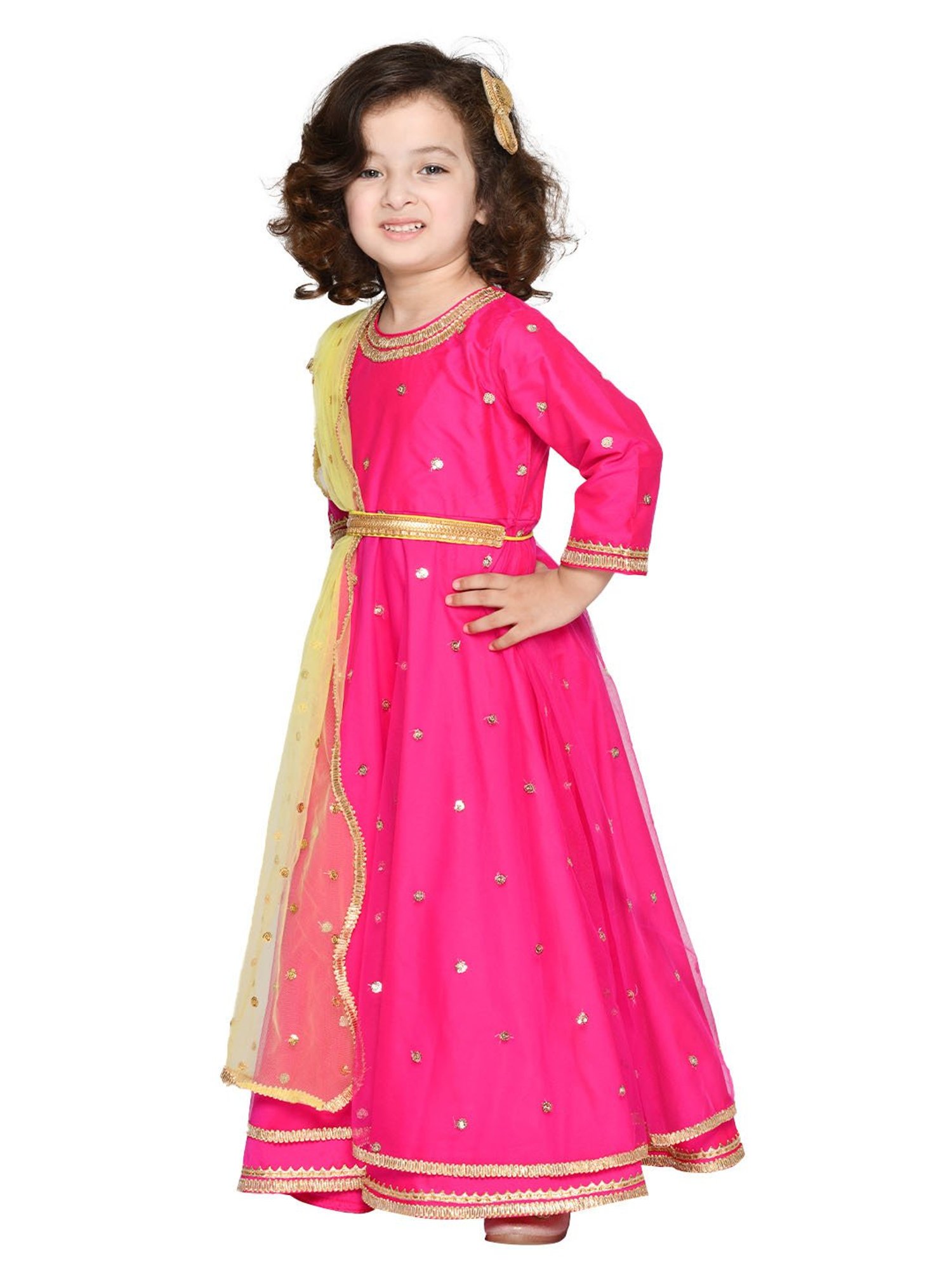 Saka Designs Kids Pink & Yellow Embellished Gown with Attached Dupatta & Belt