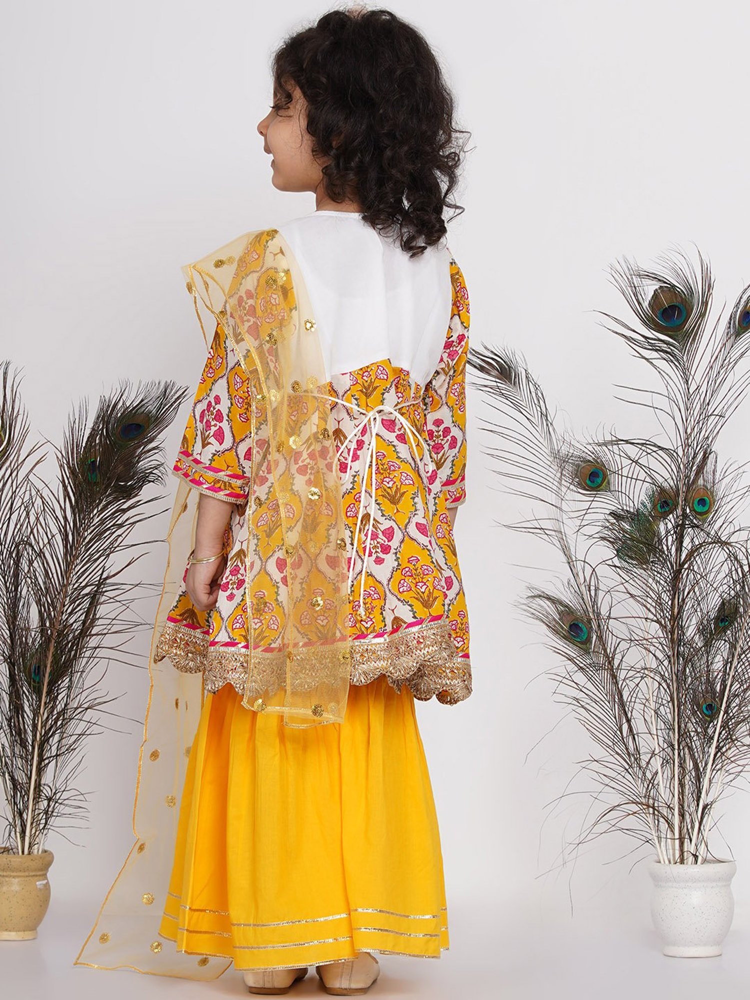Little Bansi Kids Yellow Floral Print Kurta with Sharara & Dupatta