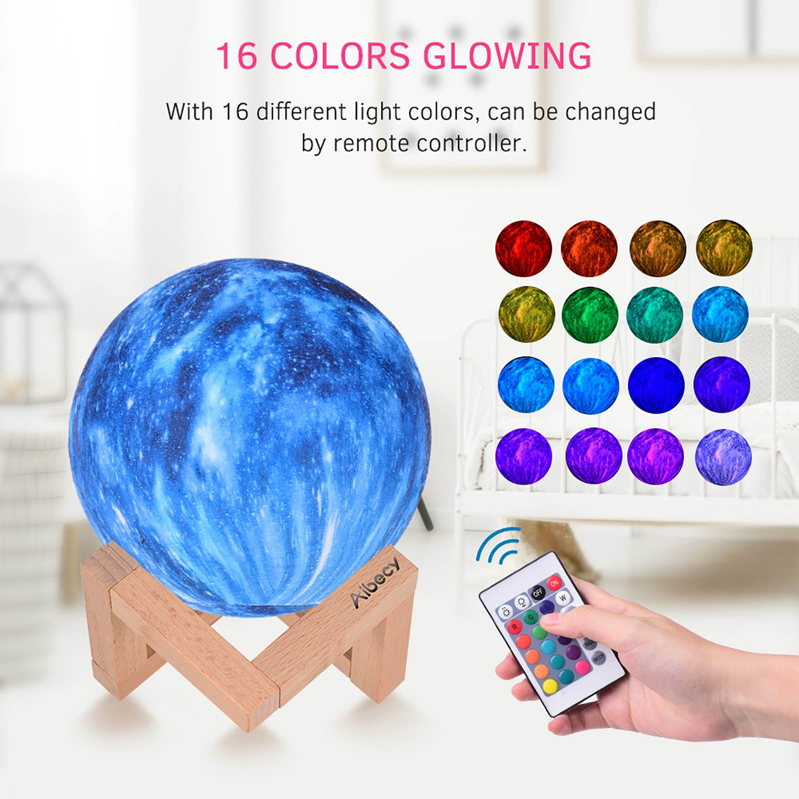 Aibecy LED Moon Lamp Moon Night Light 3D Printed Large Lunar Lamp with Stand USB Cable 16 Glowing Colors Remote Control & TouchControl Rechargeable Brightness Adjustable Home Light for Children Women