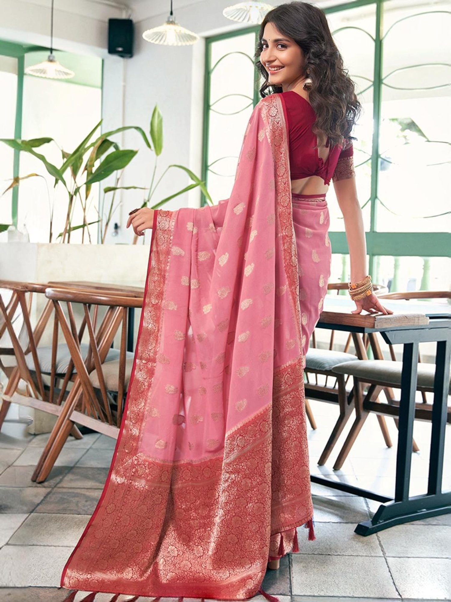 Satrani Pink Woven Saree With Unstitched Blouse