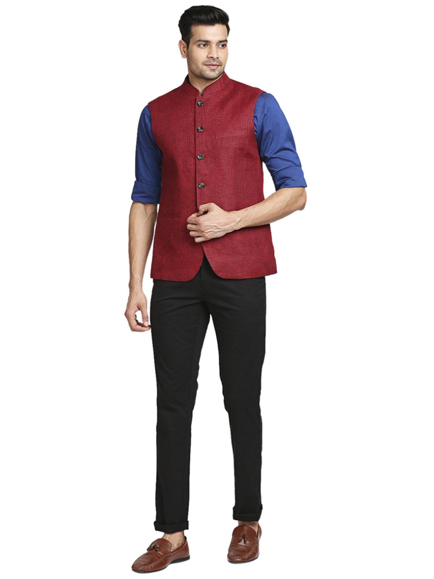Colorplus Dark Red Tailored Fit Self Pattern Nehru Jacket