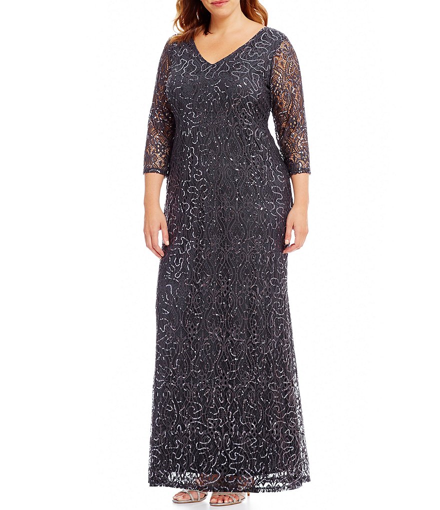 Marina Plus V-Neck 3/4 Illusion Sleeve Scoop Back Lace Gown