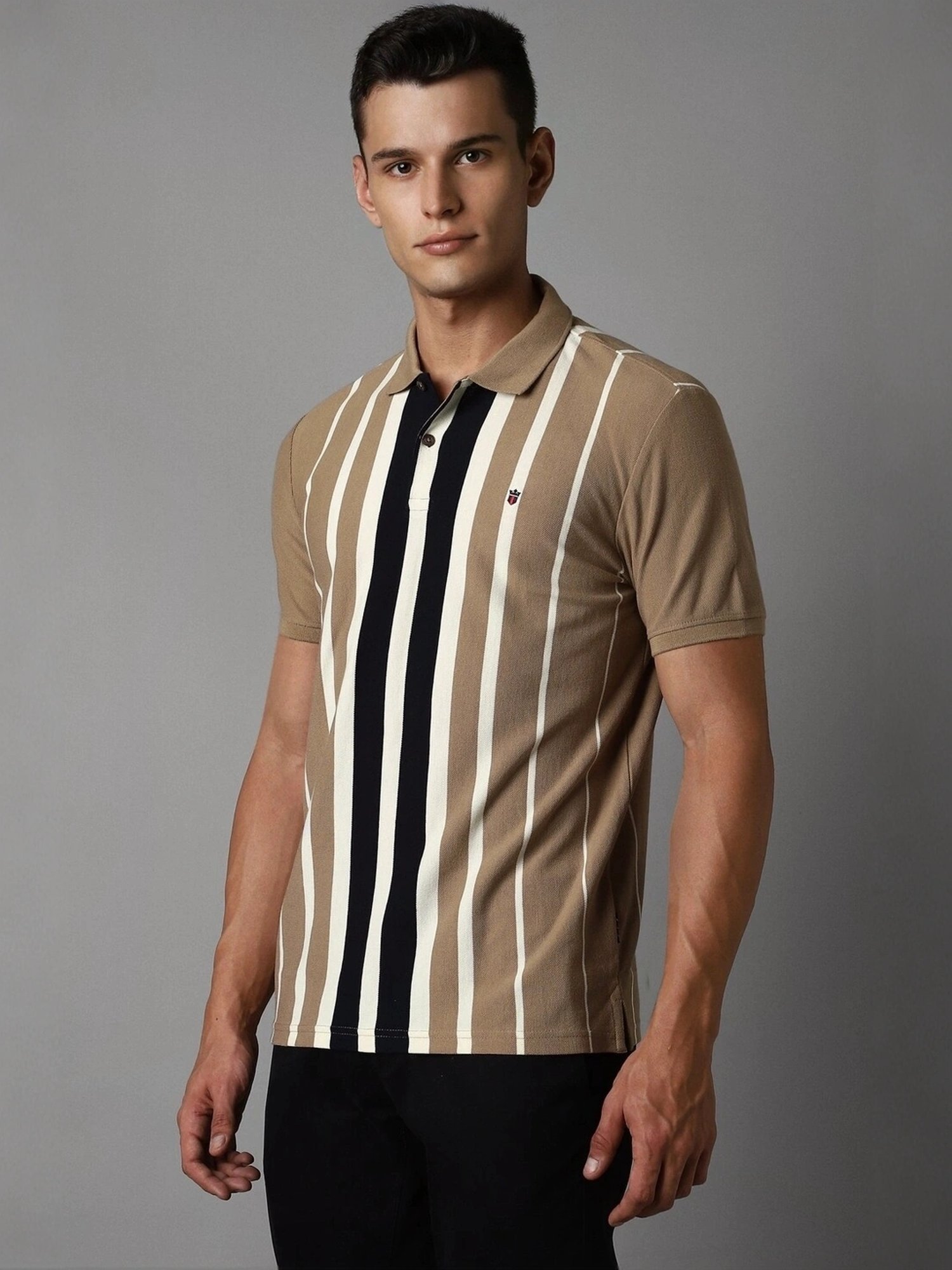 Louis Philippe Khaki Cotton Slim Fit Striped Polo T-Shirt