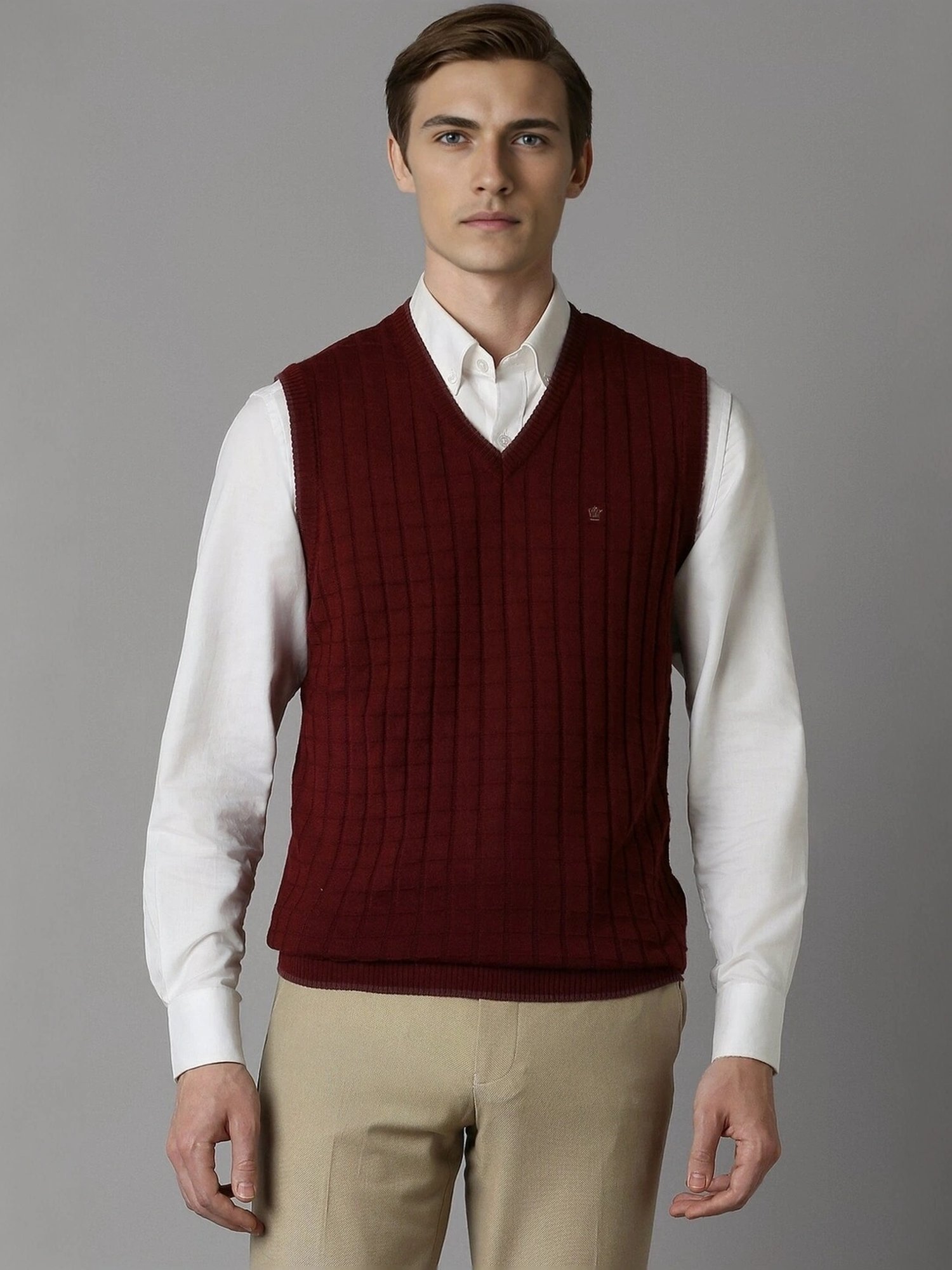 Louis Philippe Maroon Regular Fit Checks Sweater