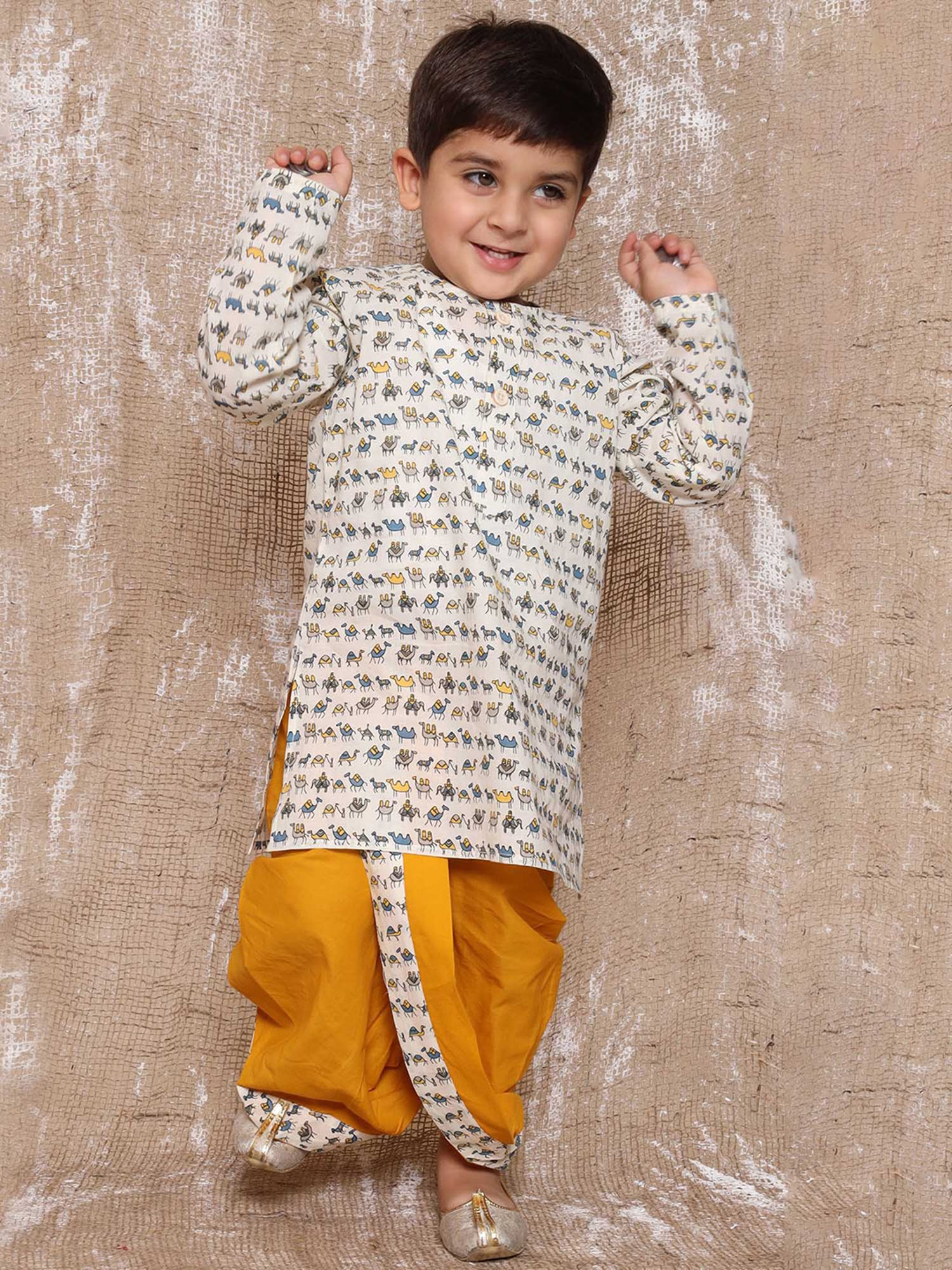 AJ Dezines Kids White & Yellow Printed Full Sleeves Kurta with Dhoti