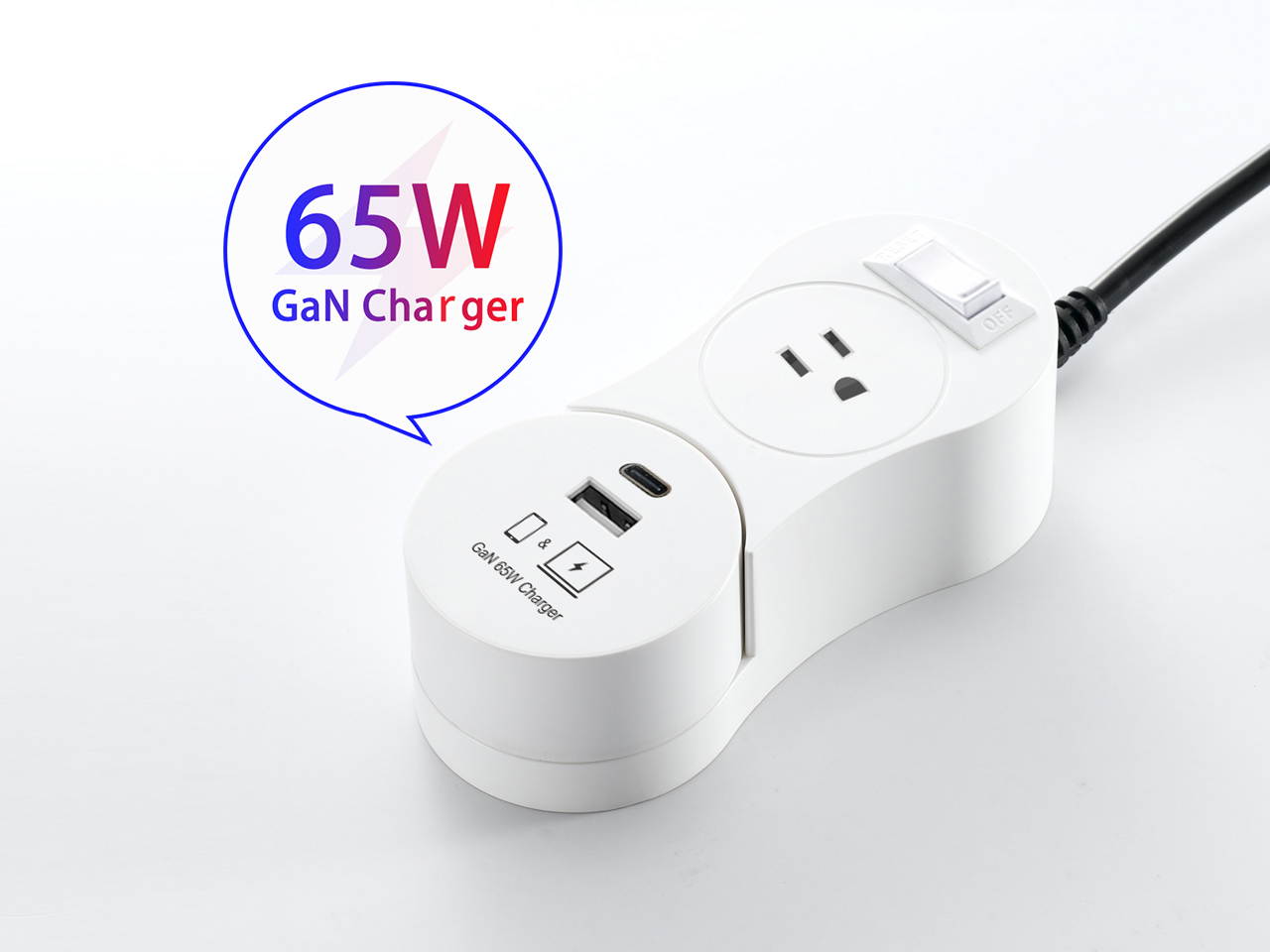 EDu Pivot Smart Power Strip Equip with 65W GaN Charger for Macbook and iphone Fast Charging, Smart Sockets Plug No Hub Required, Ordinary Head Module + Type C + USB Charging Module with Button