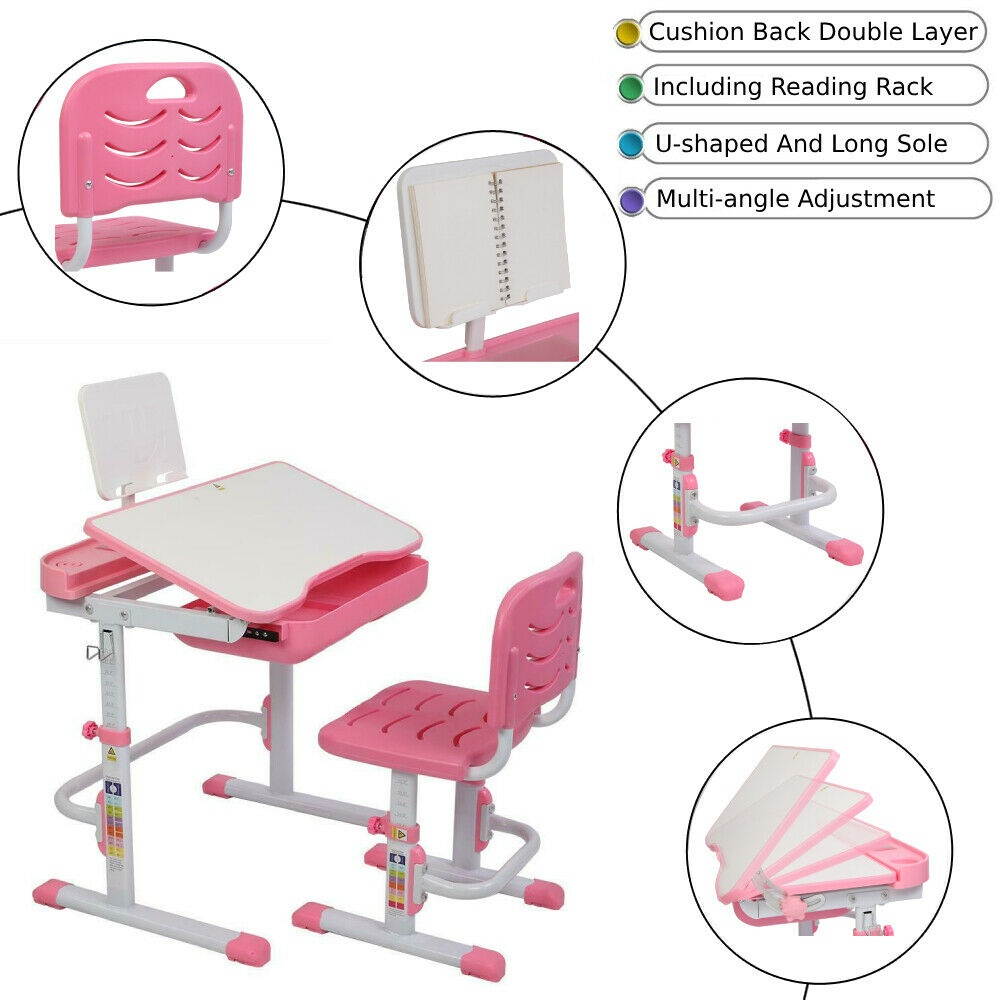 Children Desk and Chair Set Height Adjustable Kids Study Drawing Play Table Pink