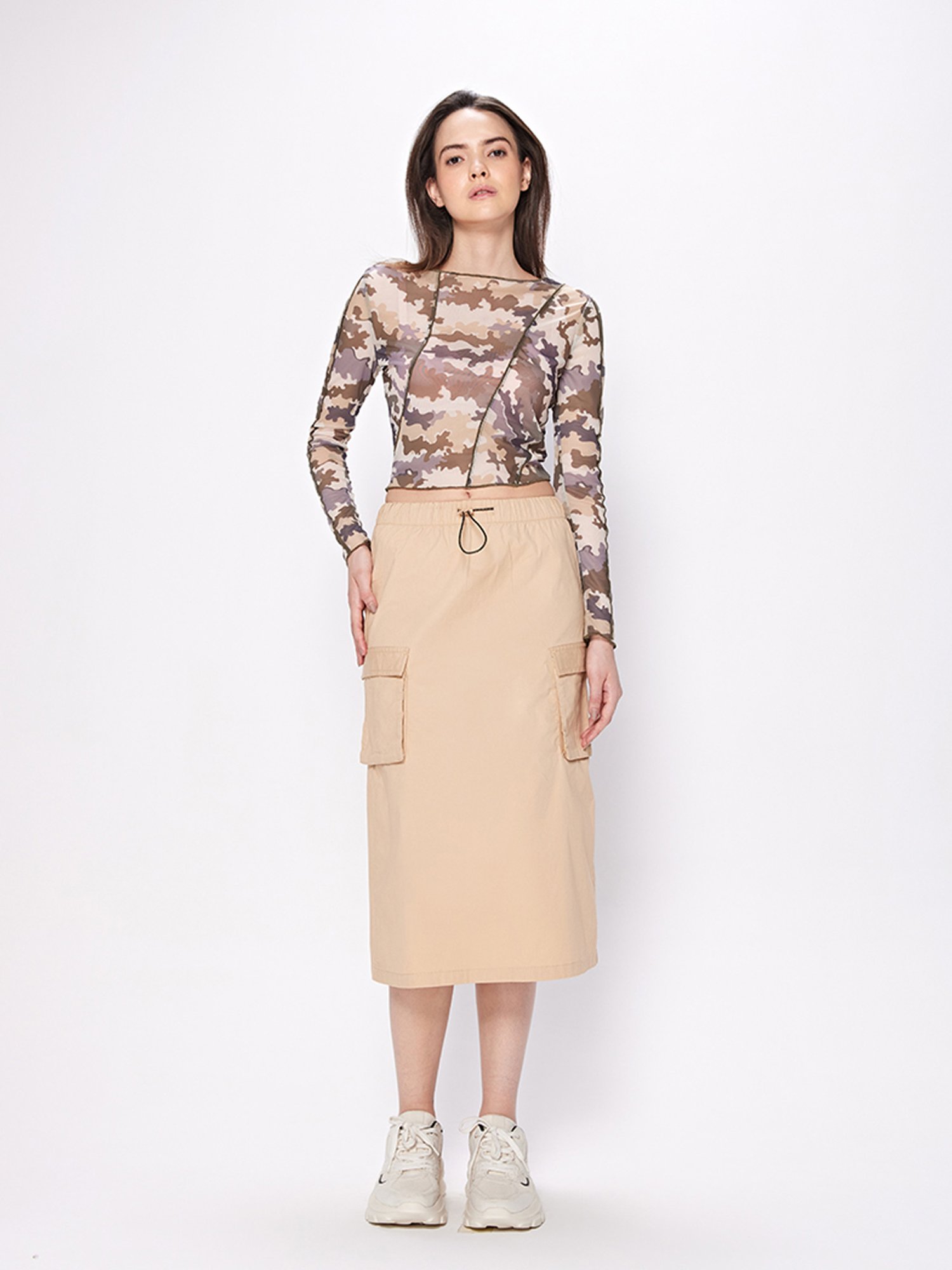 Cover Story Beige Midi Skirt
