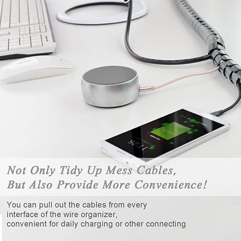 Cable Wires Organizer  Coiled Tube Cable Management PC Cinema TV Cables Sleeve with Cord Organizer Clip Hide Wires Cover Cables to Keep Desk Tidy to Protect Cable from Pets Bite Grey