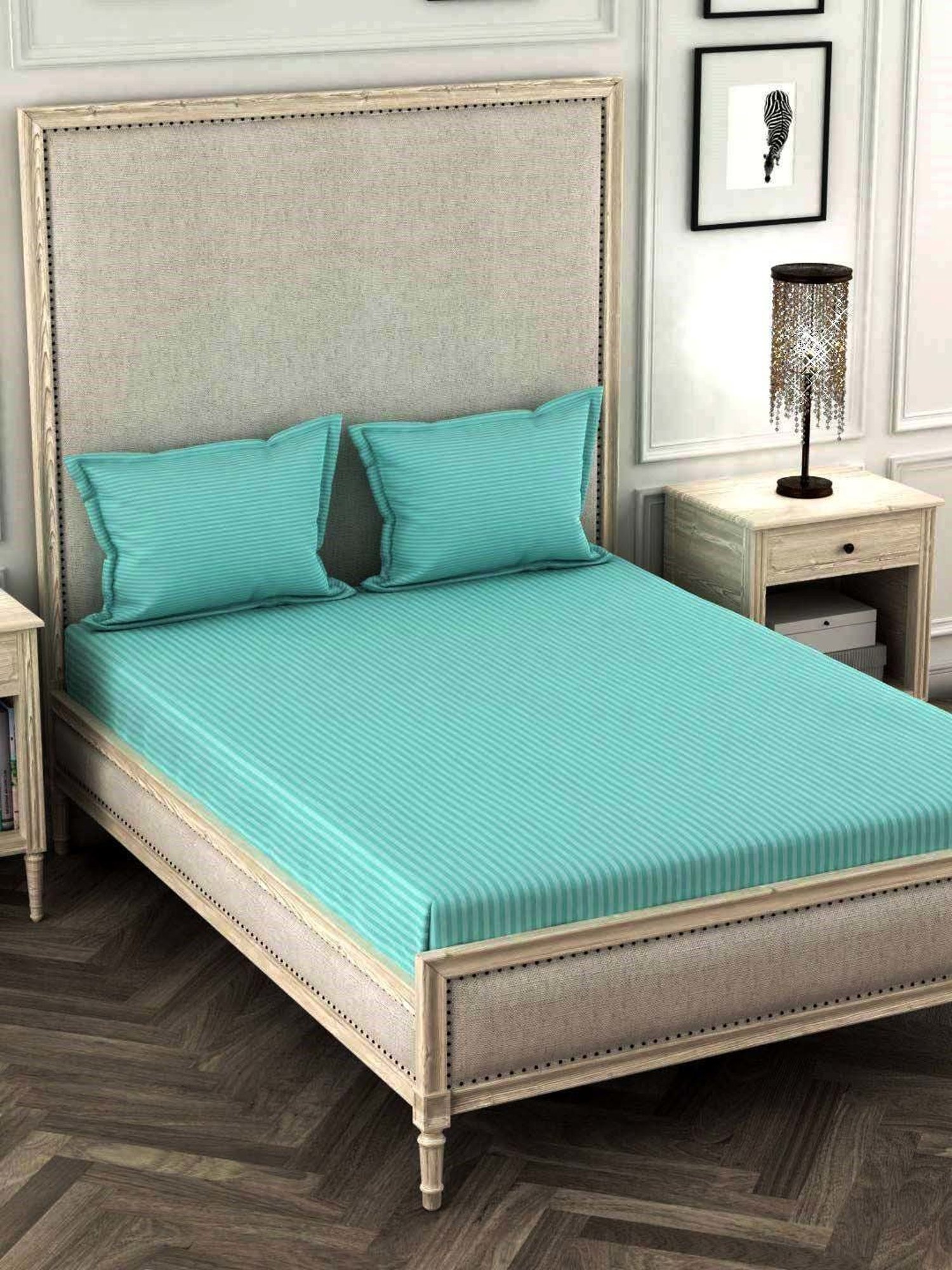 Urban Space Aqua Blue Cotton 220 TC King Bedsheet with 2 Pillow Covers