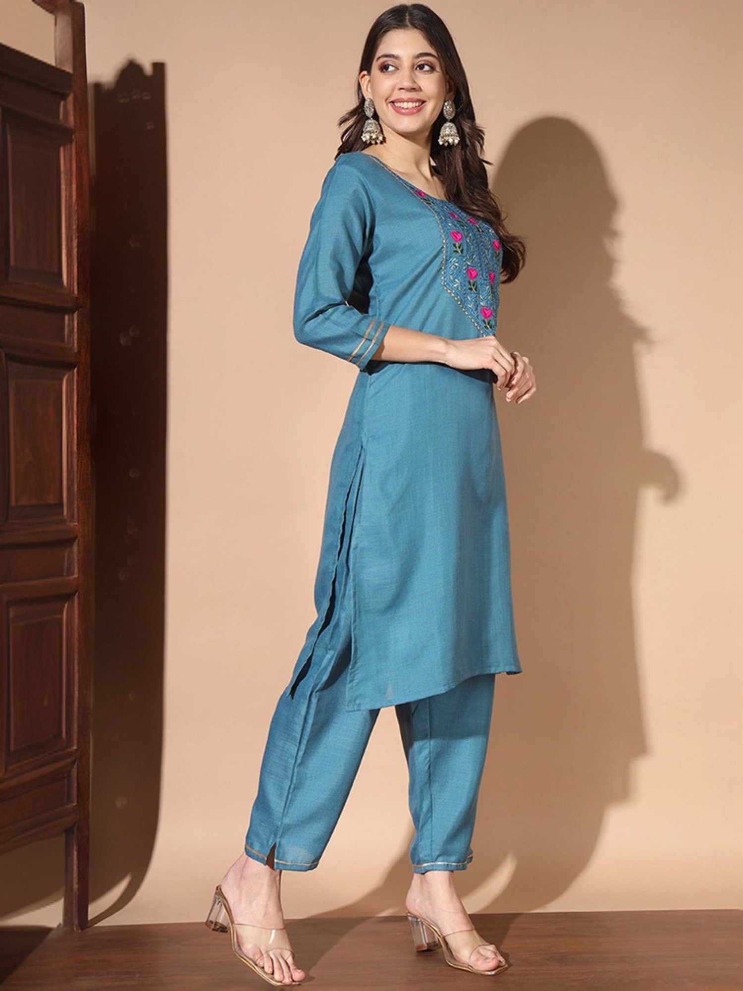 Skylee Teal Blue Embroidered Kurta Pant Set With Dupatta