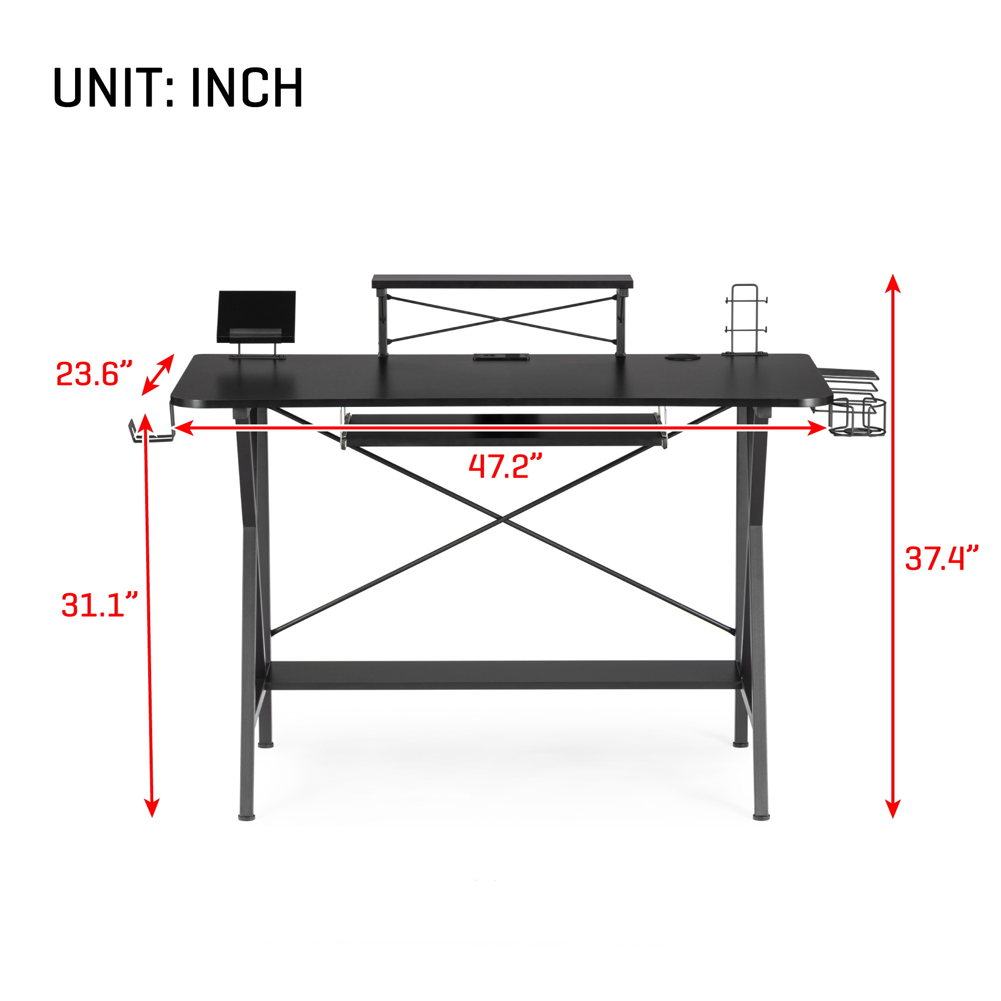47" Gaming Desk Table E-Sports Computer Desk Home Office Desk Gamer Desk Writing Table with PC Stand Shelf Keyboard Stand Cup Holder & Headphone Hook,Power Strip with USB,Black