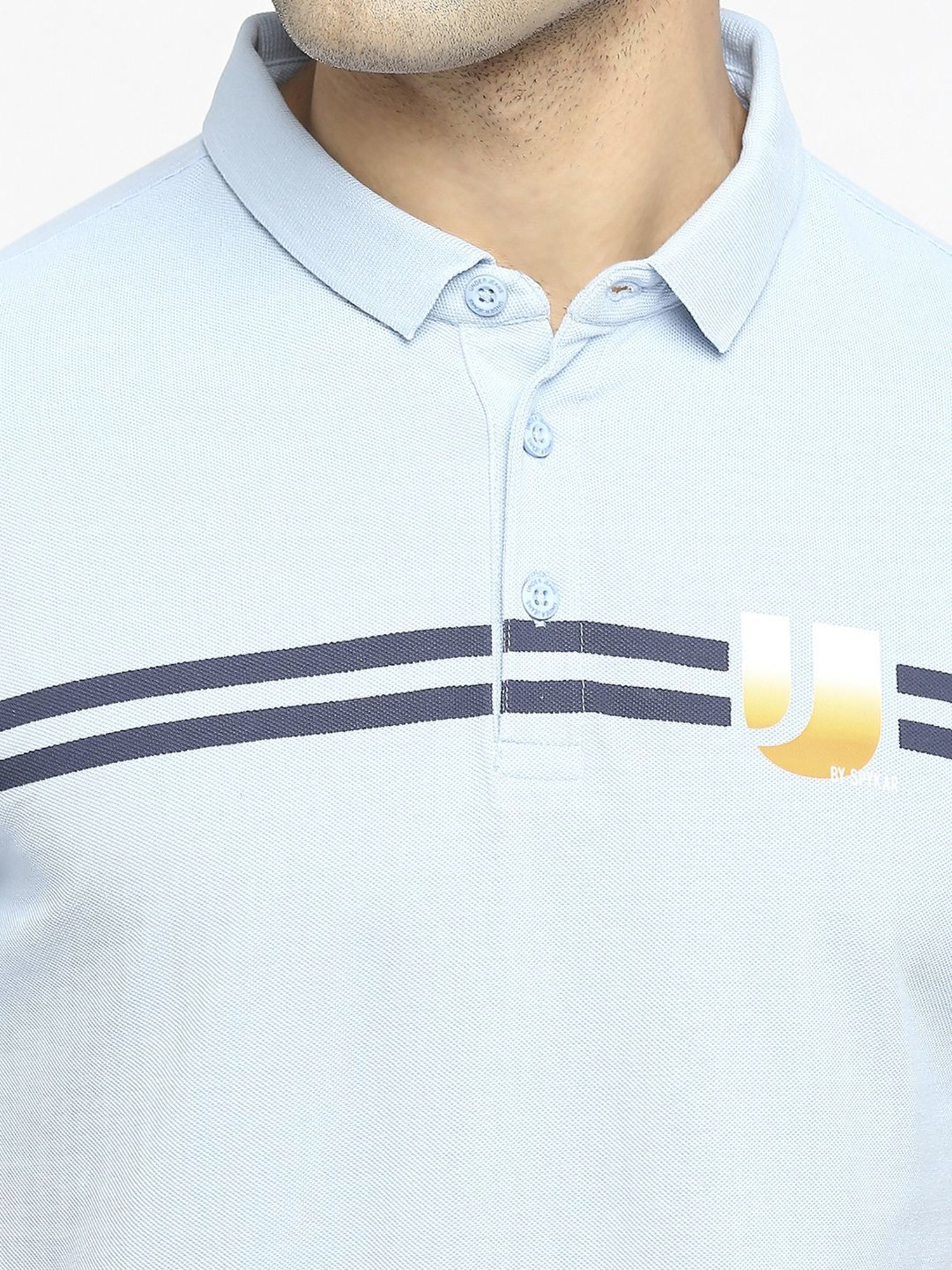 UnderJeans by Spykar Powder Blue Regular Fit Printed Polo T-Shirt