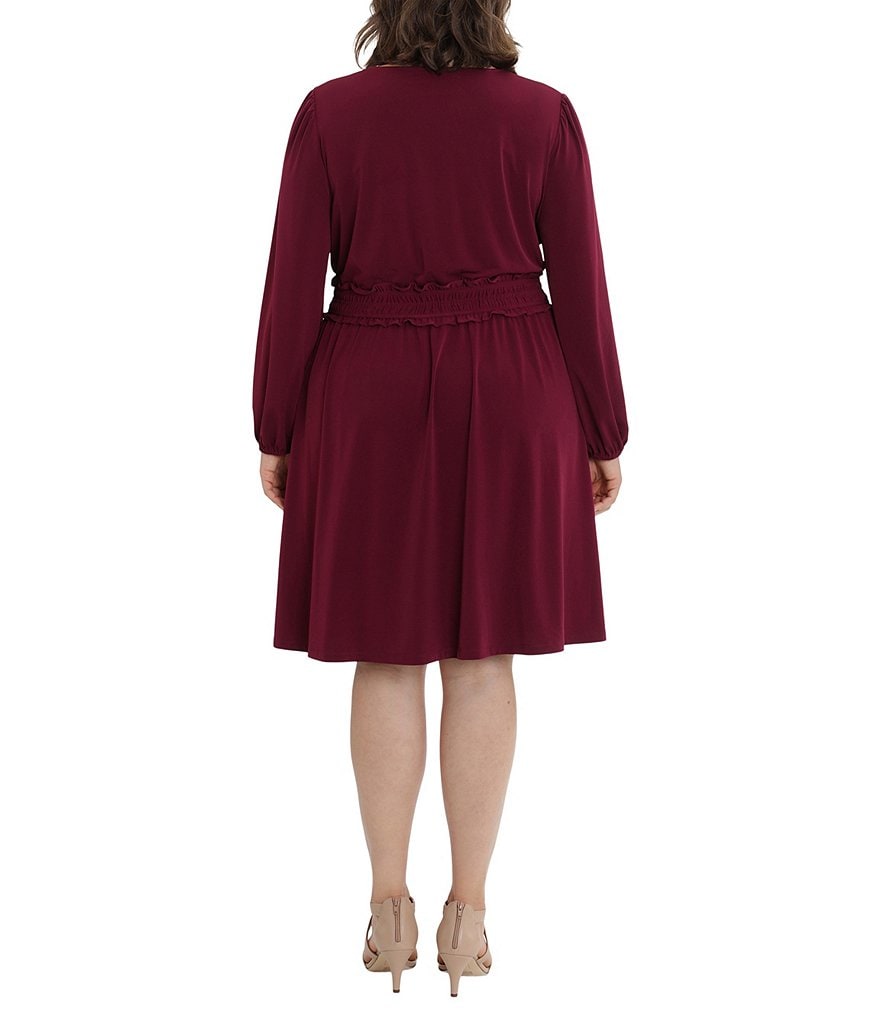 London Times Plus Size Long Sleeve V-Neck Smocked Waist Dress