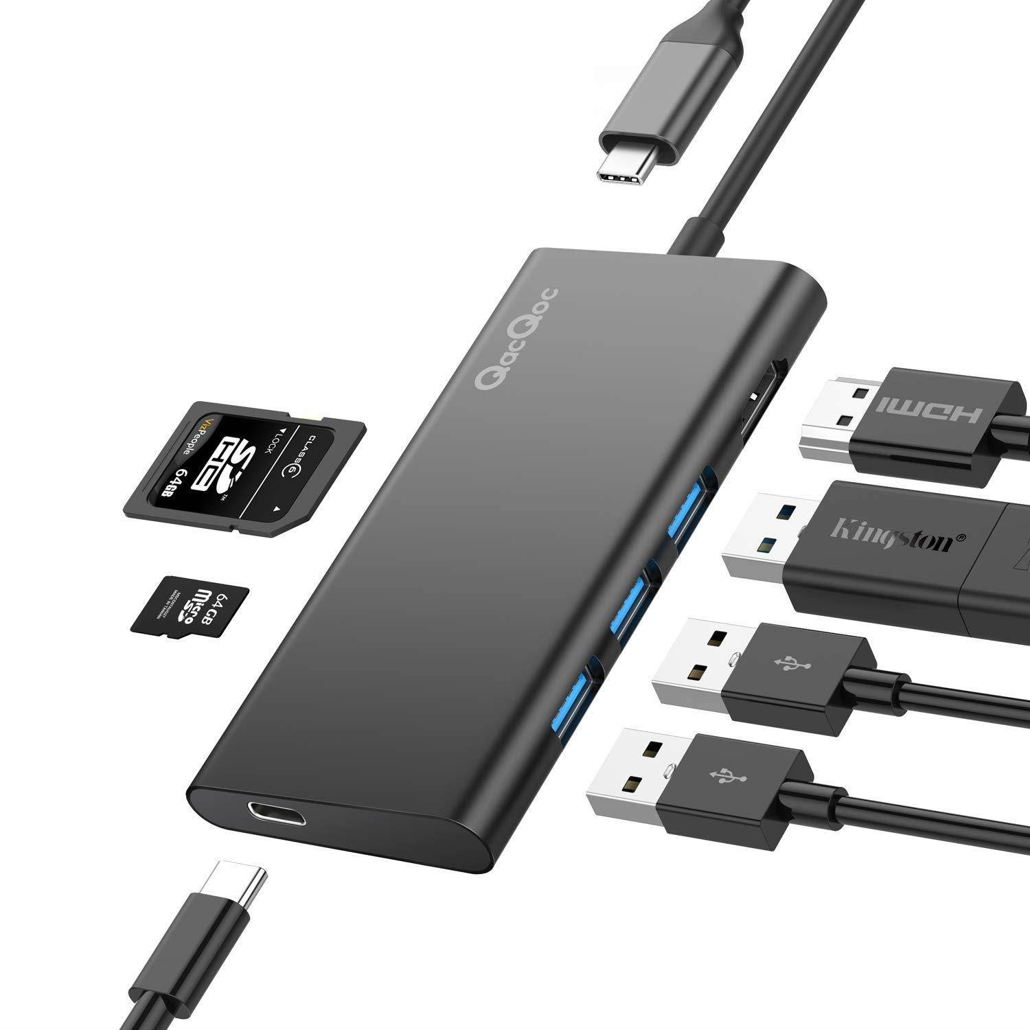 USB C Hub QacQoc 7-in-1 Type C Hub with PD Power Delivery, 4K USB C to HDMI, SD Card Reader, 3 USB 3.0 Ports for MacBook Pro and Type C Windows Laptops(Black)