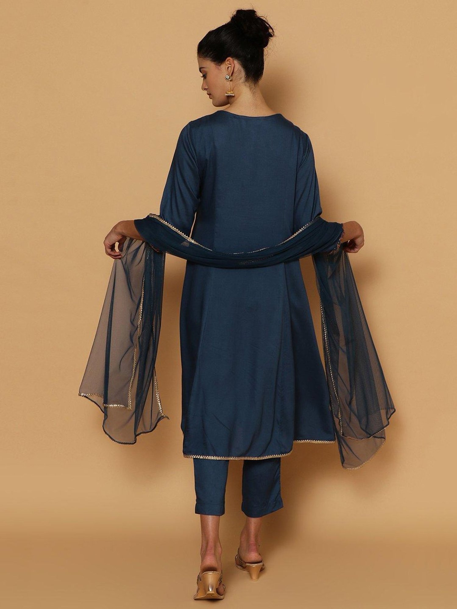 Biba Blue Embellished Kurta With Pant & Dupatta