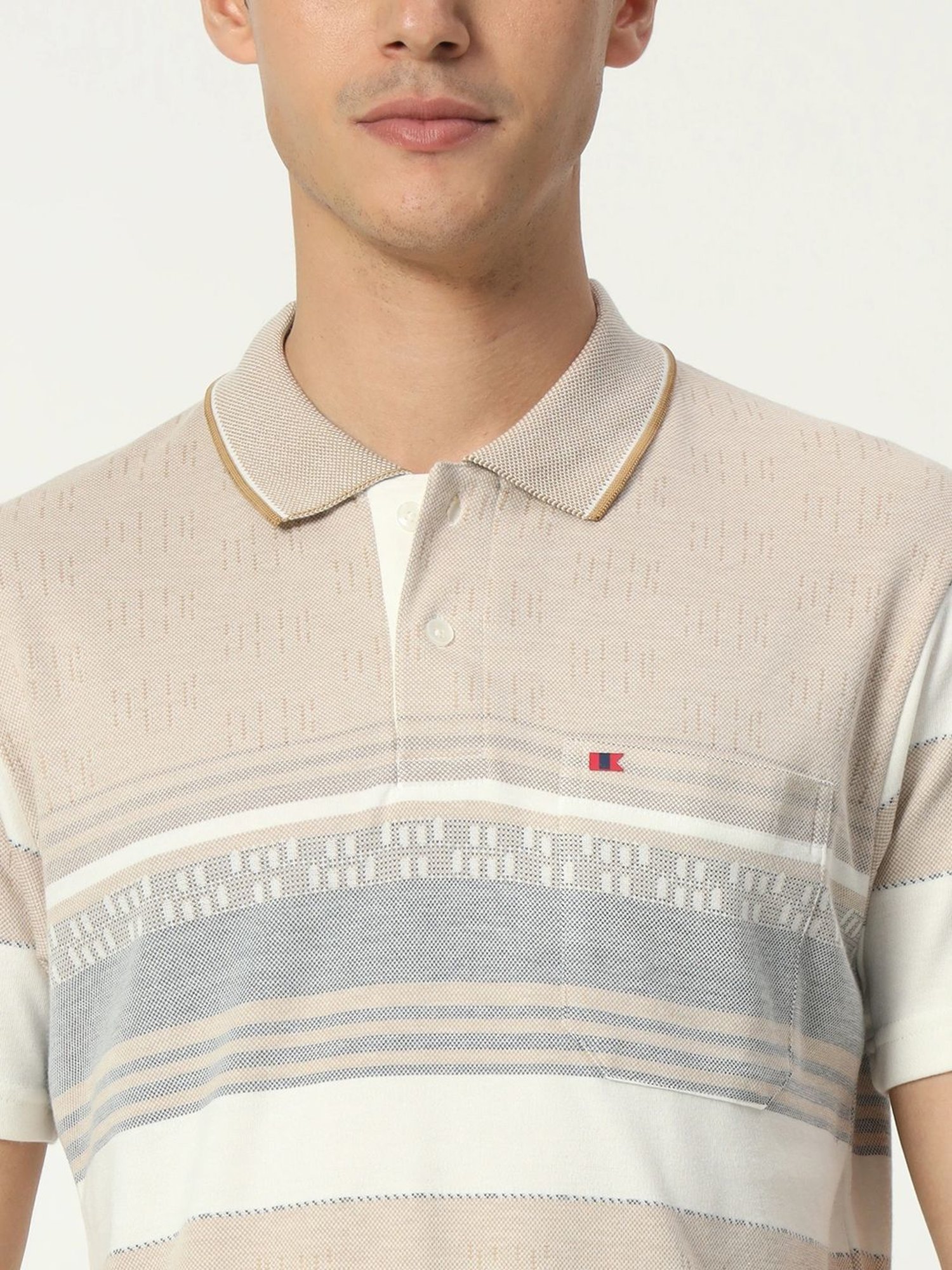 Tab91 Beige Regular Fit Striped Polo T-Shirts