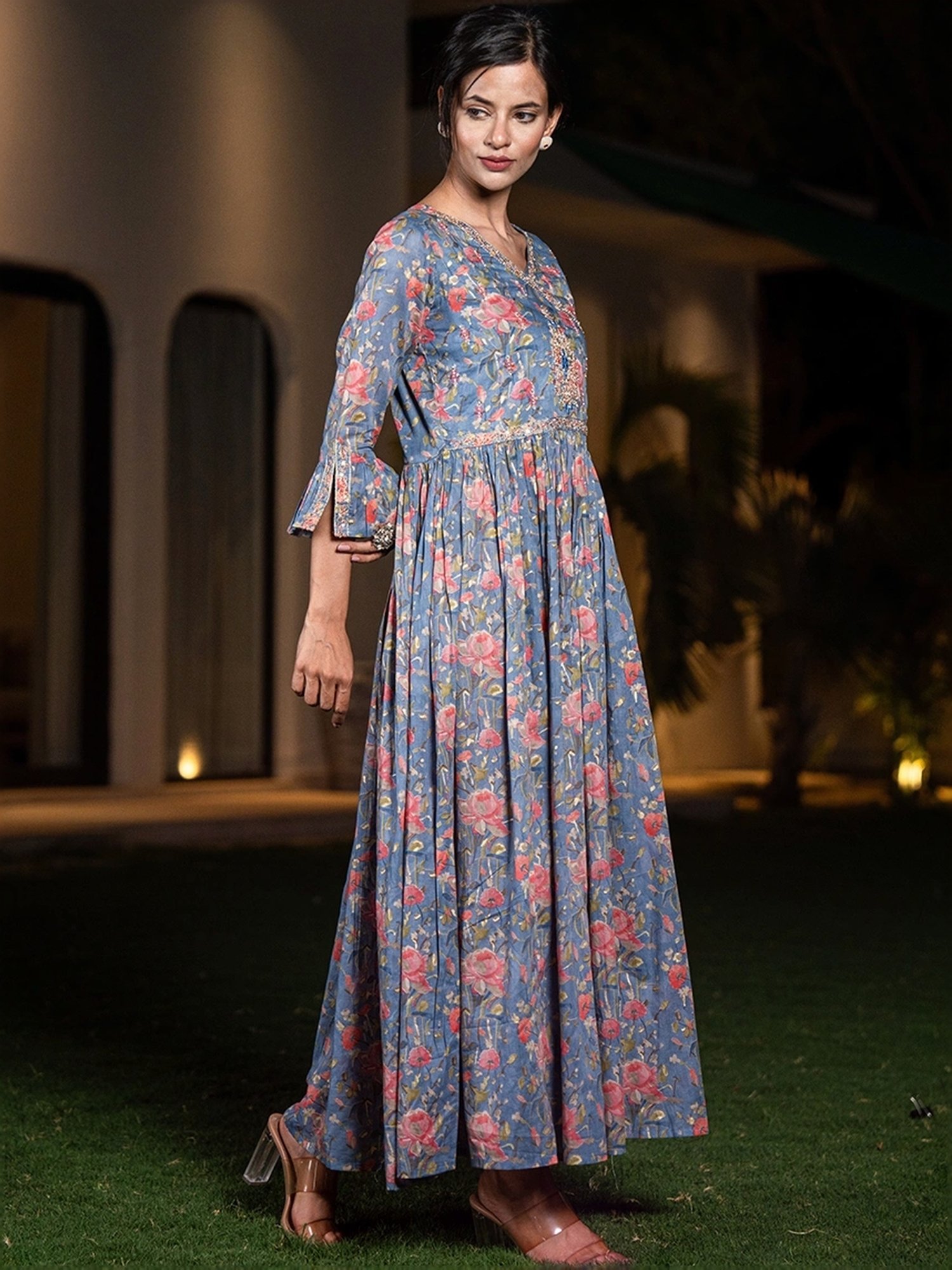 Yufta Blue Cotton Printed Maxi Dress