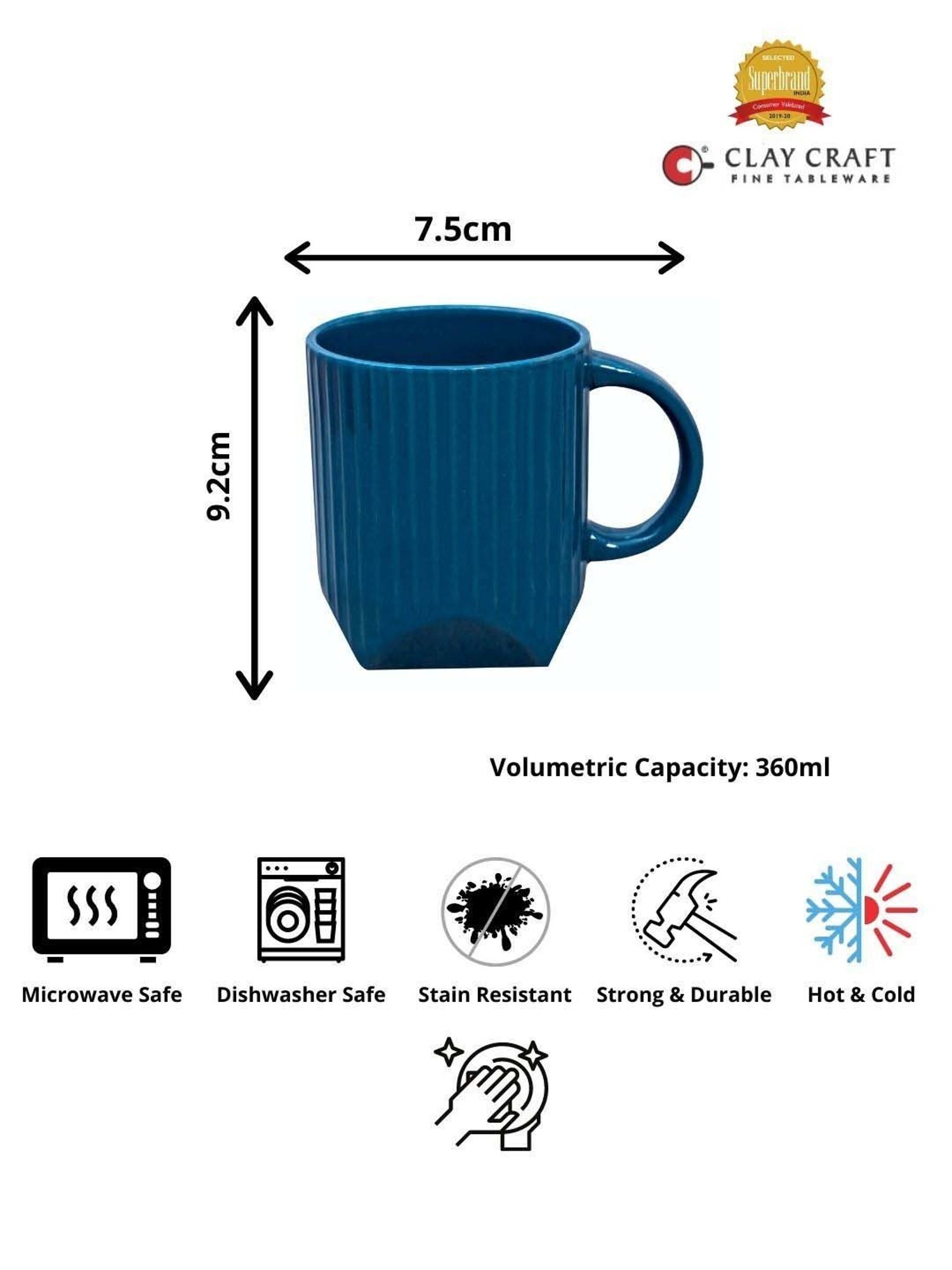 Clay Craft Teal Blue Ceramic 8 cm Milk Mug (0.35 L) - Set of 2