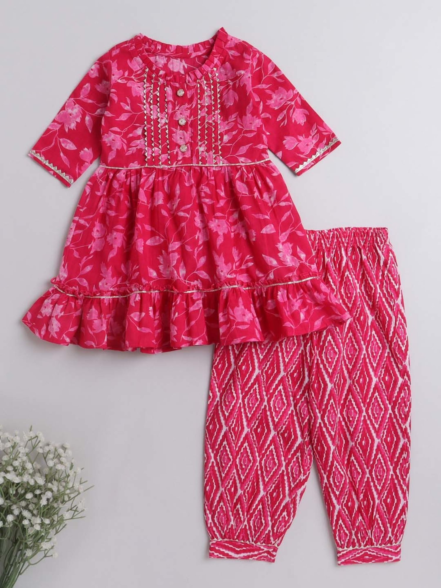 The Magic Wand Kids Fuchsia Pink Cotton Floral Print Kurta Set