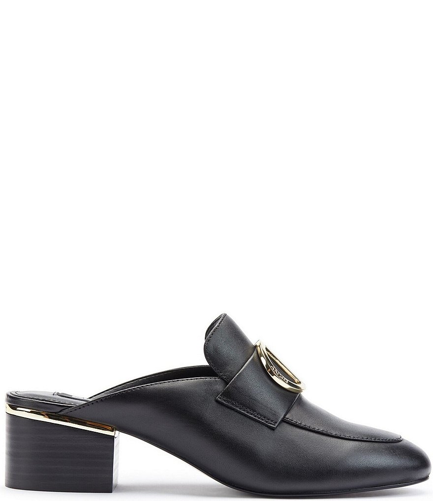 DKNY Rizz Leather Logo Hardware Strap Block Heel Mules