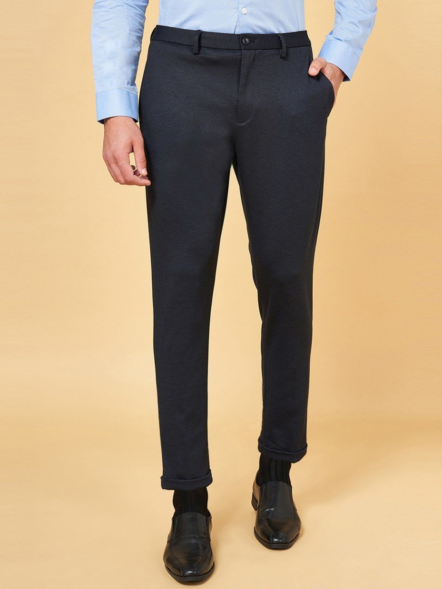 Byford by Pantaloons Navy Regular Fit Printed Trousers