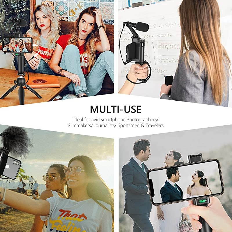 Pro Smartphone Rig Filmmaker Handle Grip(8cm) Tripod Mount with Cold Shoe Mount and Adjustable 2-3.6 inches Phone Clip Holder Compatible with iPhone11/11 Pro/11 Pro Max Samsung Galaxy S10+10