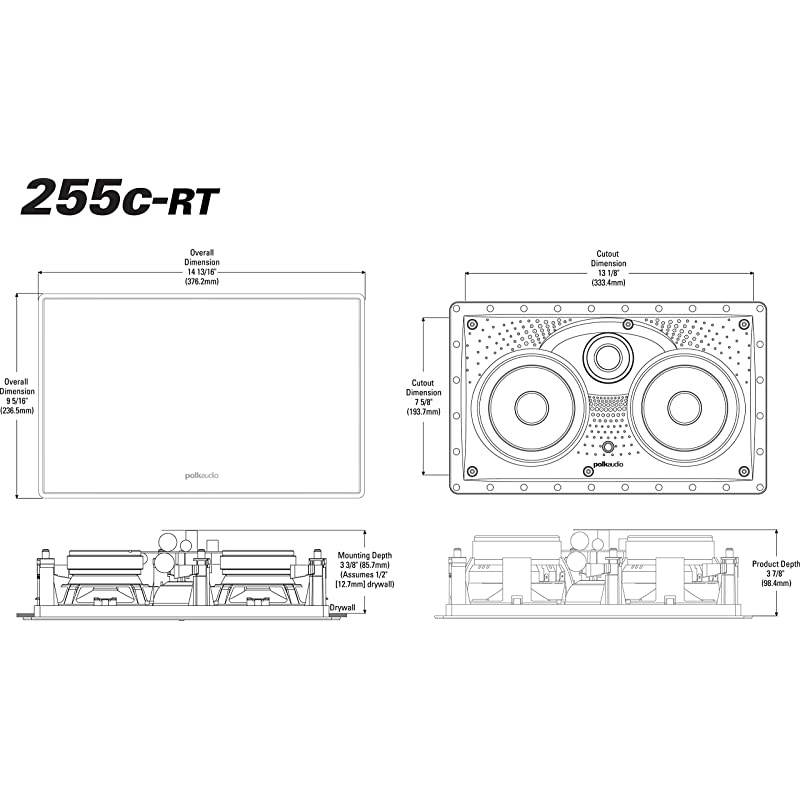 265-RT 3-Way in-Wall Speaker - Easily Fits in Ceiling/Wall | High-Performance Audio & Paintable Grille & Audio 255c-RT in-Wall Center Channel Speaker (2) 5.25" Drivers