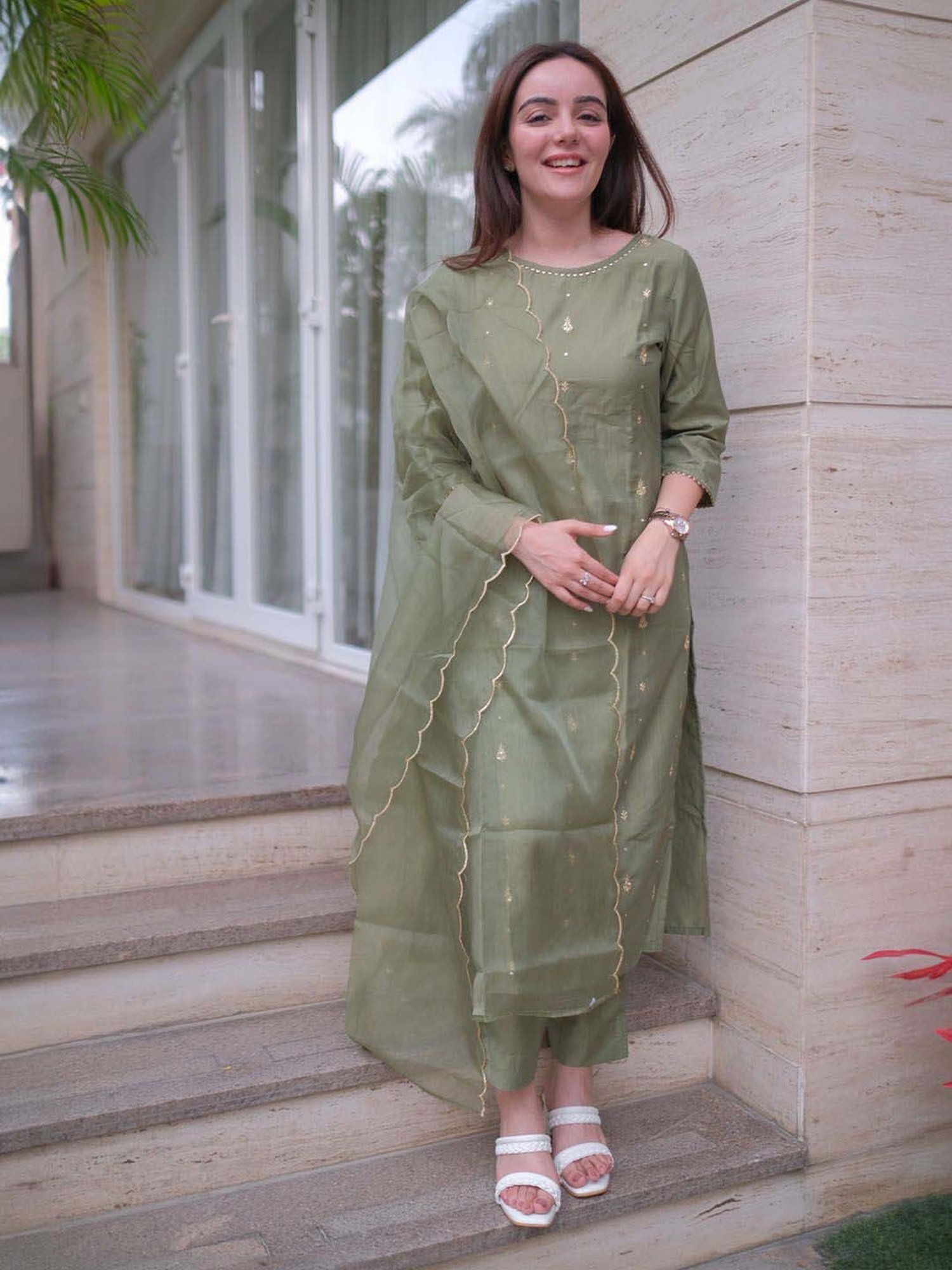 Janasya Green Embroidered Kurta & Pant Set With Dupatta