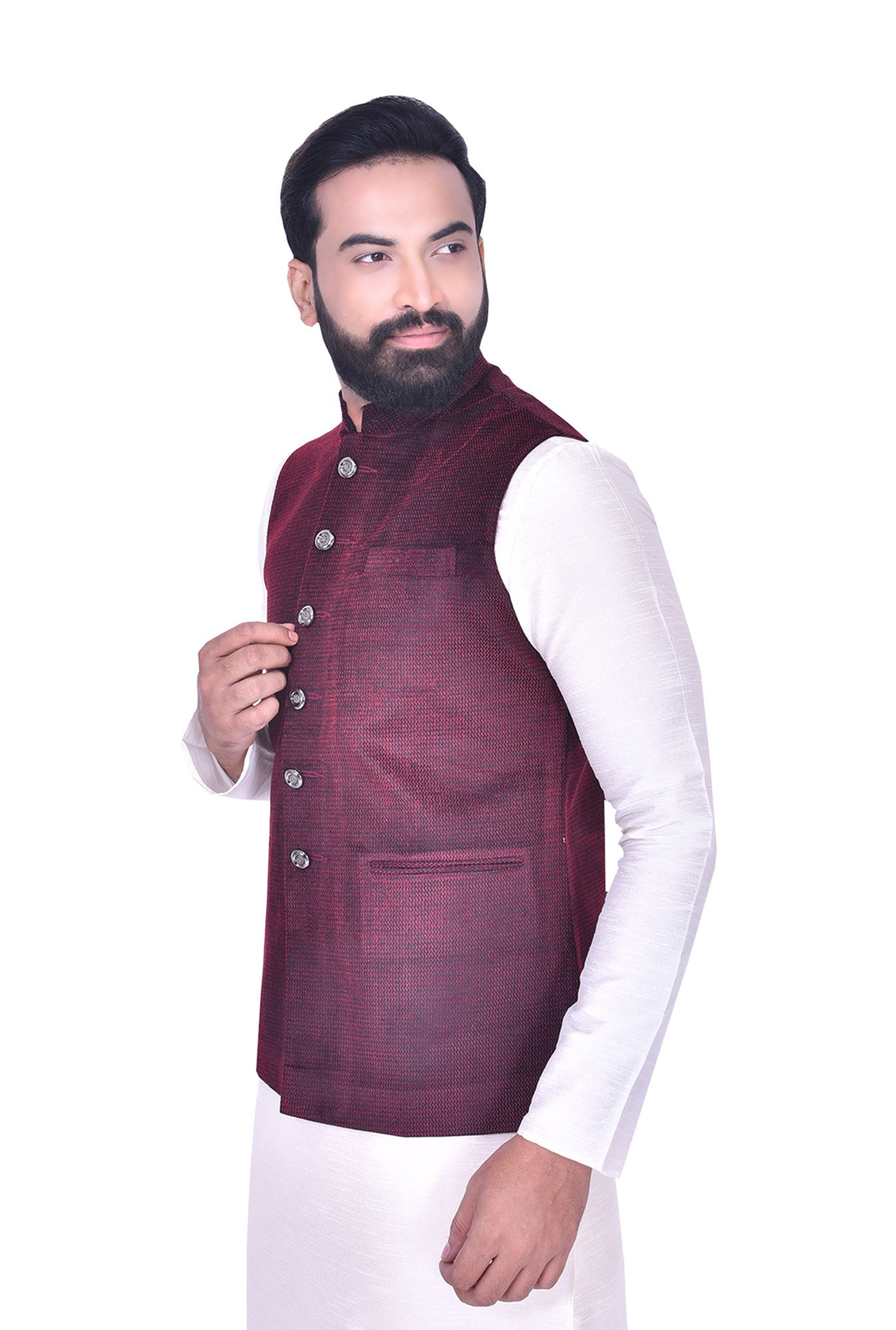 Manyavar Maroon Mandarin Collar Ethnic Waistcoat
