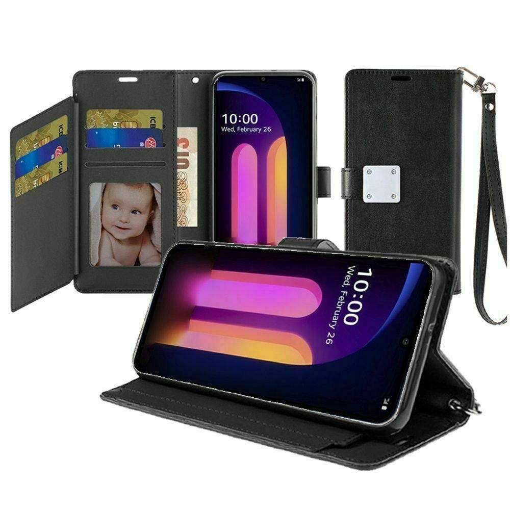 For LG V60 ThinQ 5G Wristlet Magnetic Metal Snap Wallet Credit Card Holder Case