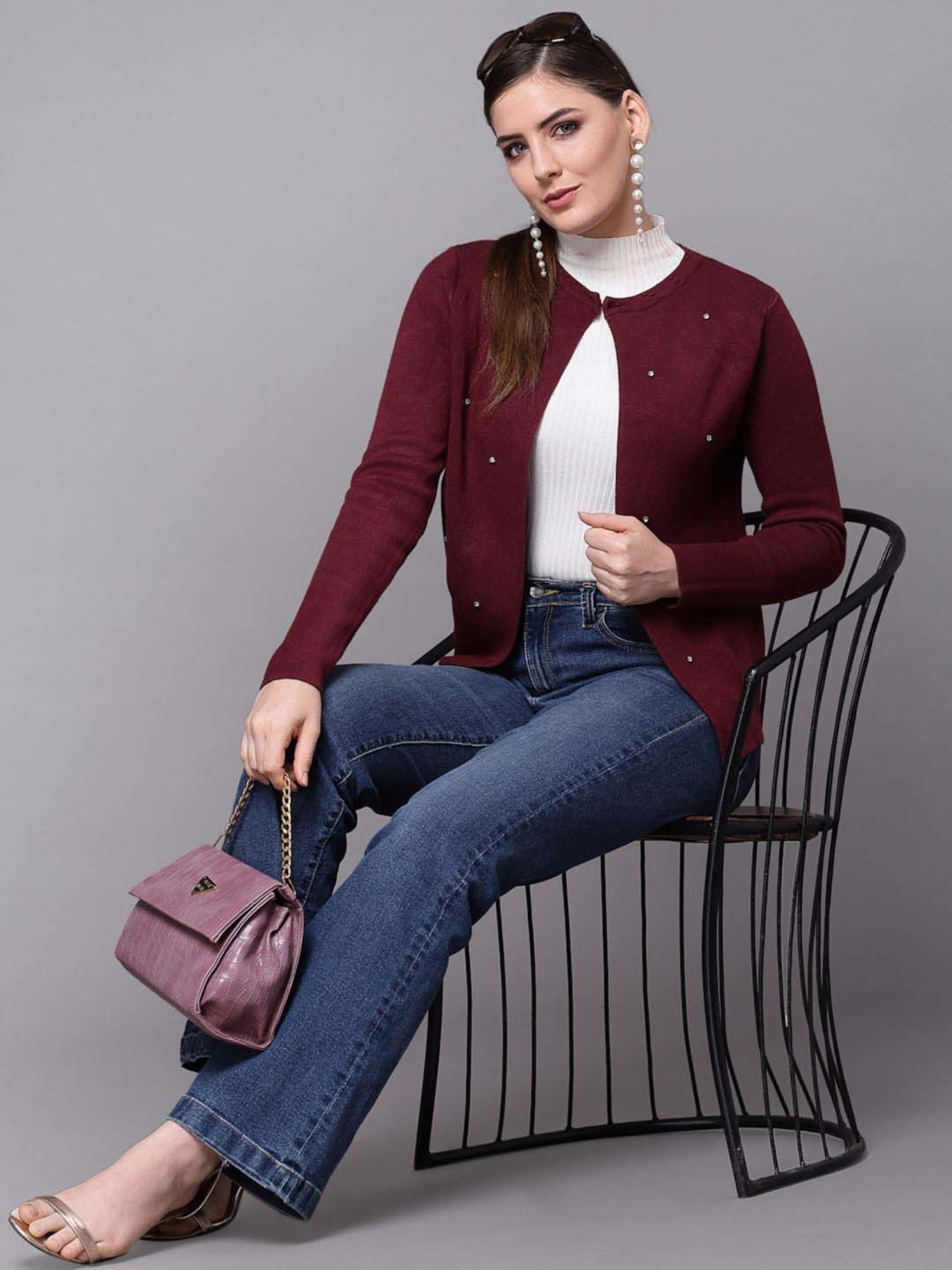 Mafadeny Maroon Embellished Shrug