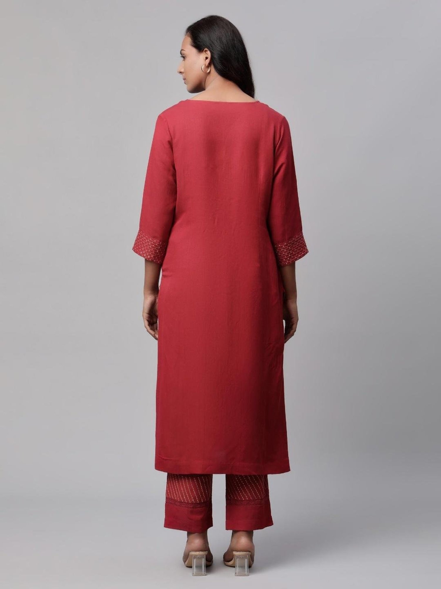 Linen Club Women Maroon Embellished Kurta