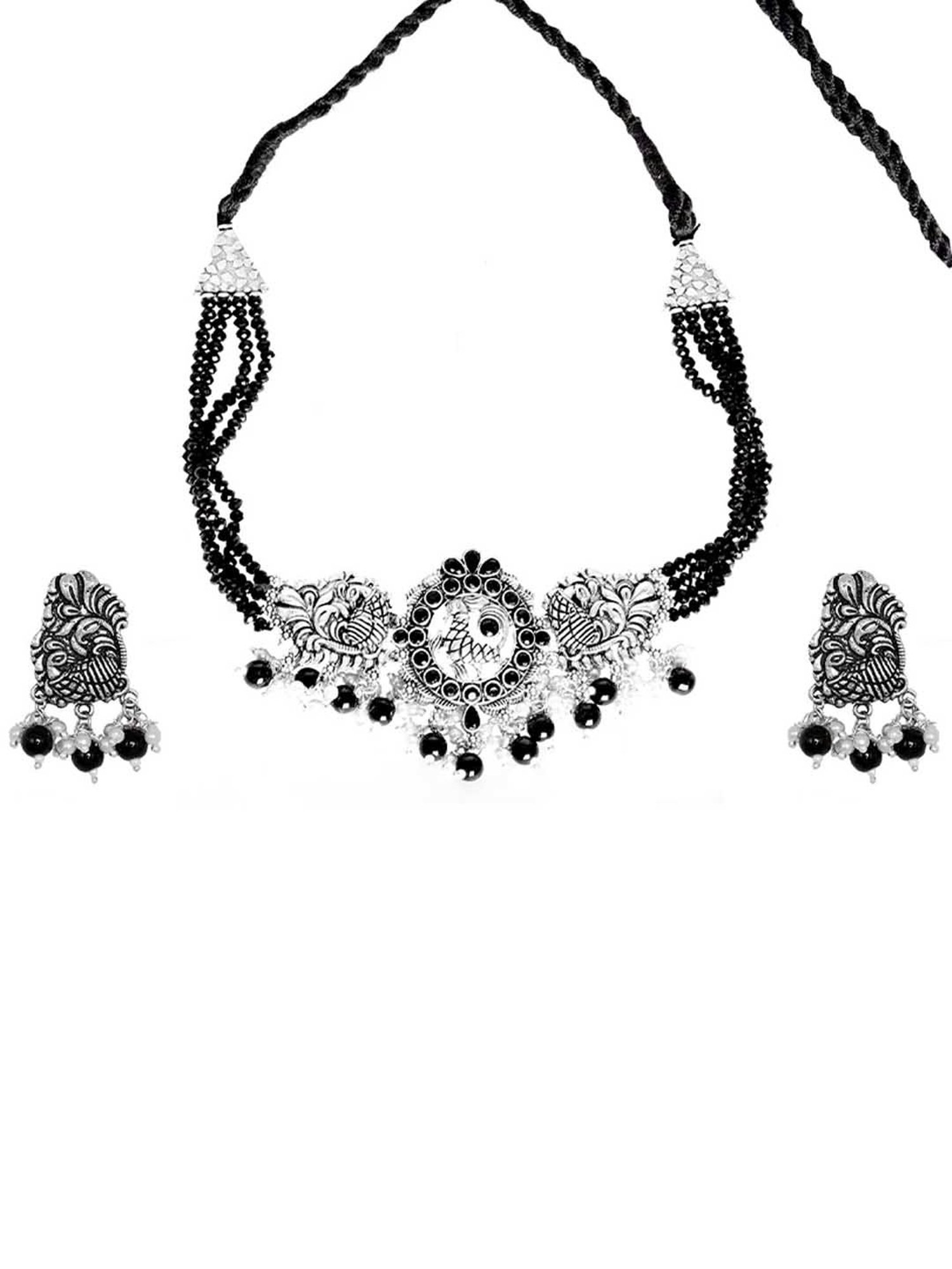 Teejh Ethnic Darshika Silver Oxidized Pearl and Black Stones Choker Necklace Set for Women