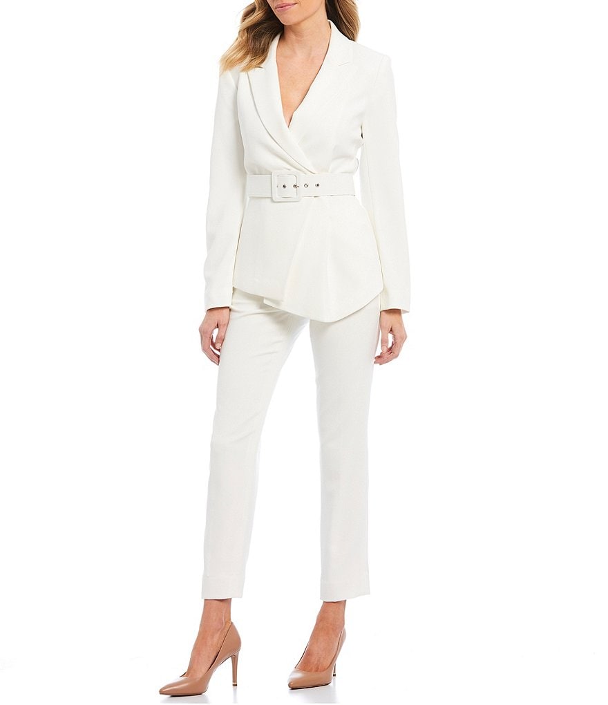 Tahari ASL Pebble Crepe Asymmetric Pleat Hem Belted Jacket 2-Piece Pant Suit