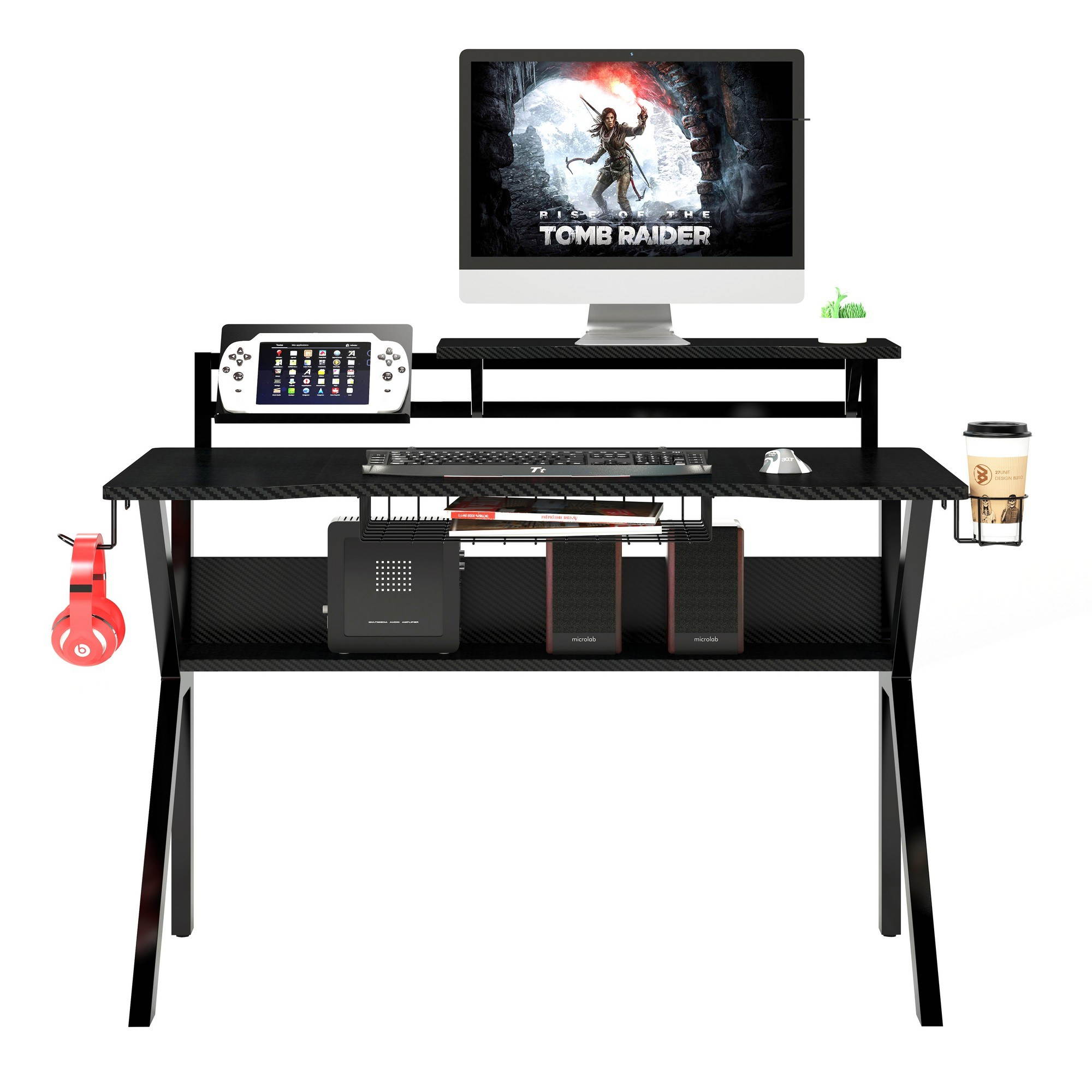 Gaming Desk 47.2" W x 23.6" D Office Computer Table, Black Gamer Workstation with 2 Cable Management Holes