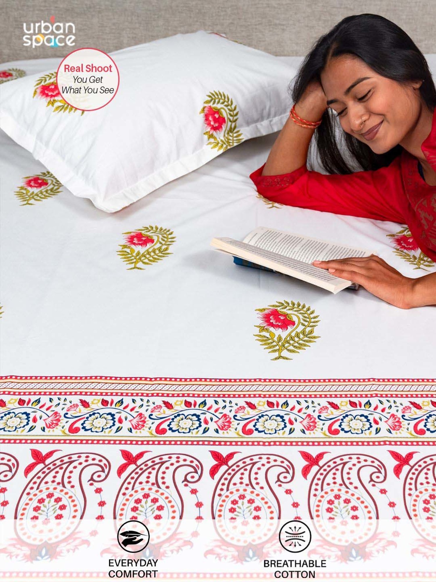 House This Juniper Blue Cotton 600 TC Double Size Bedsheet With Pillow Covers