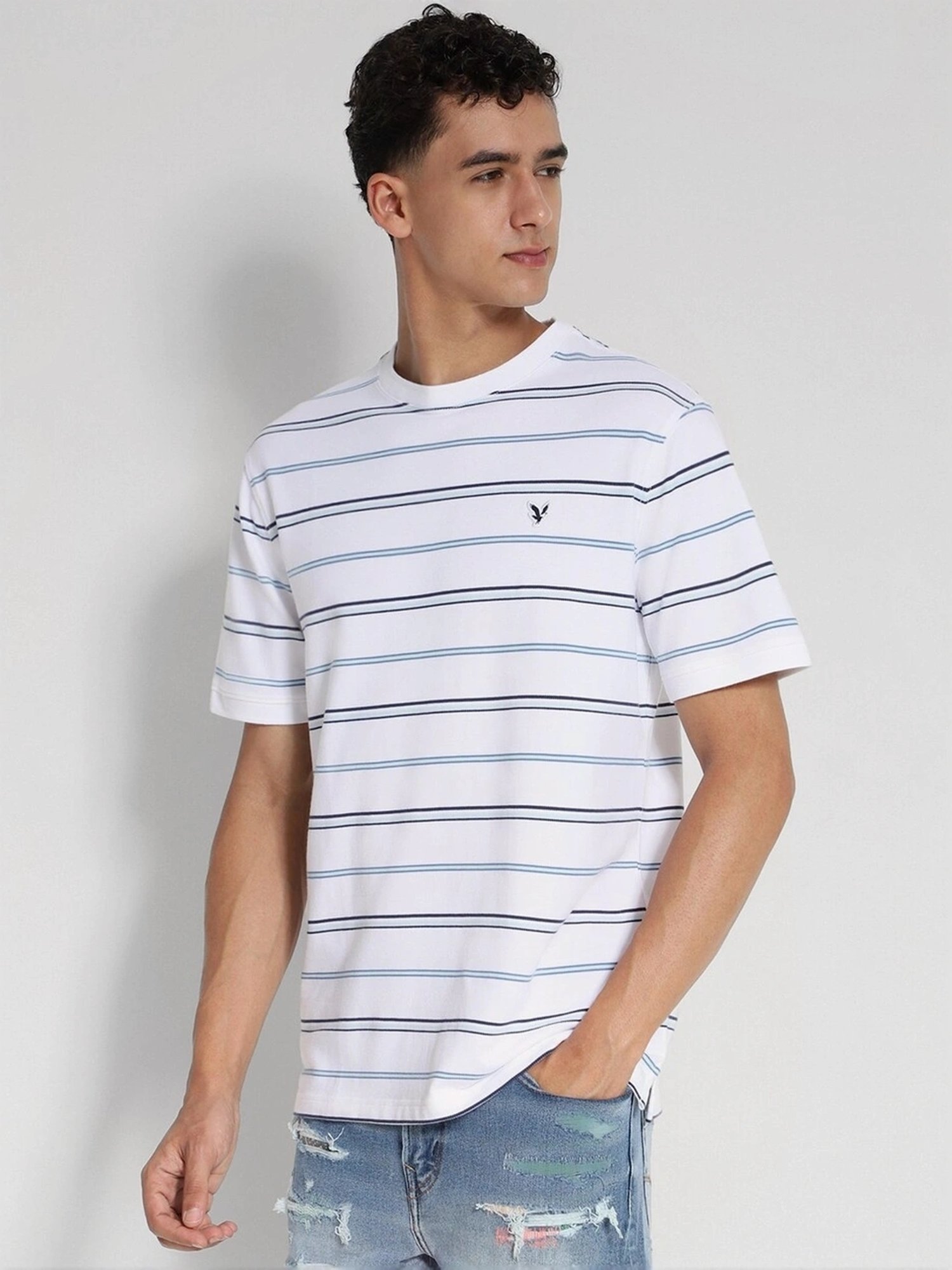 American Eagle White Cotton Regular Fit Striped T-Shirt