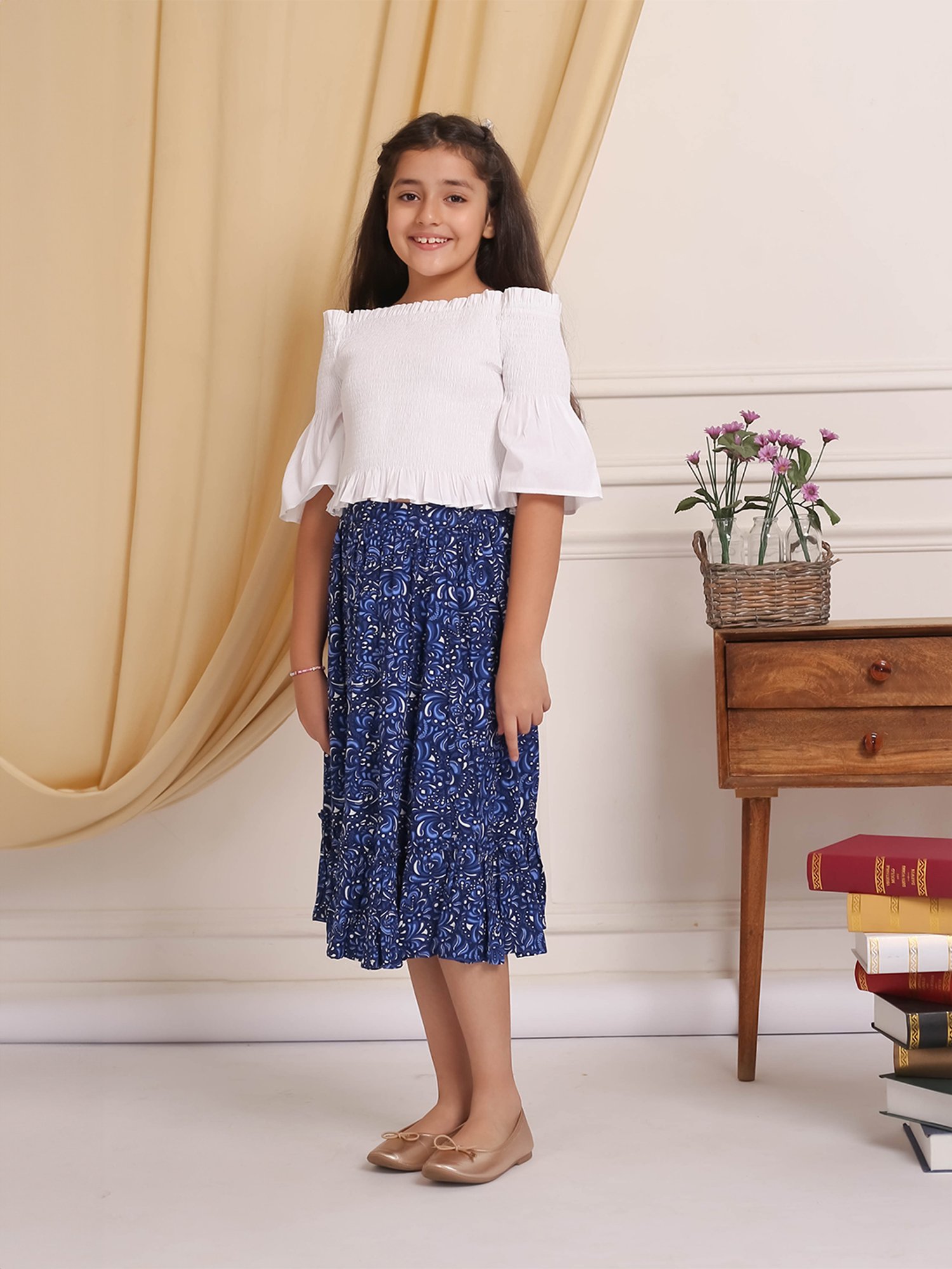 Budding Bees Girls White & Blue Printed Top with Skirt