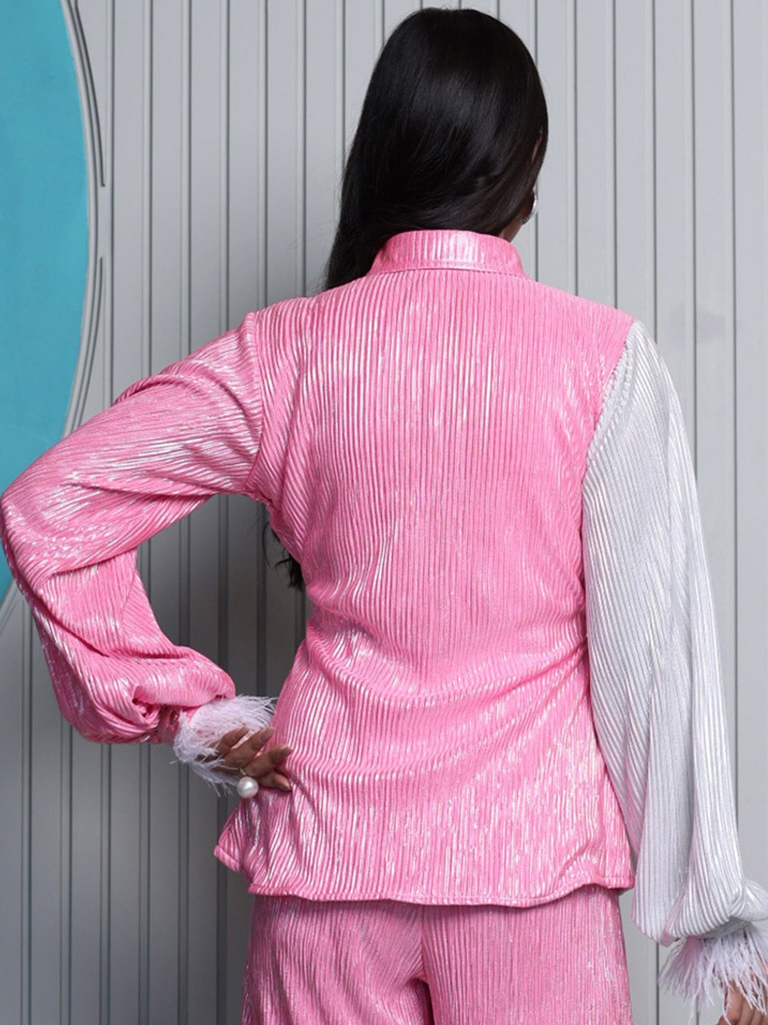 BInfinite BInfinite Metallic White Pink Pleated Shirt with Fur Cuffs