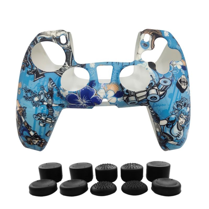 PS5 Controller Cover Skin Case + 8 Thumb Grips Set Compatible with Sony Playstation 5 - Protective Silicone Gel Shell & Anti-slip Stick Caps Accessories for Video Games Gamepad (Roller Rumble)