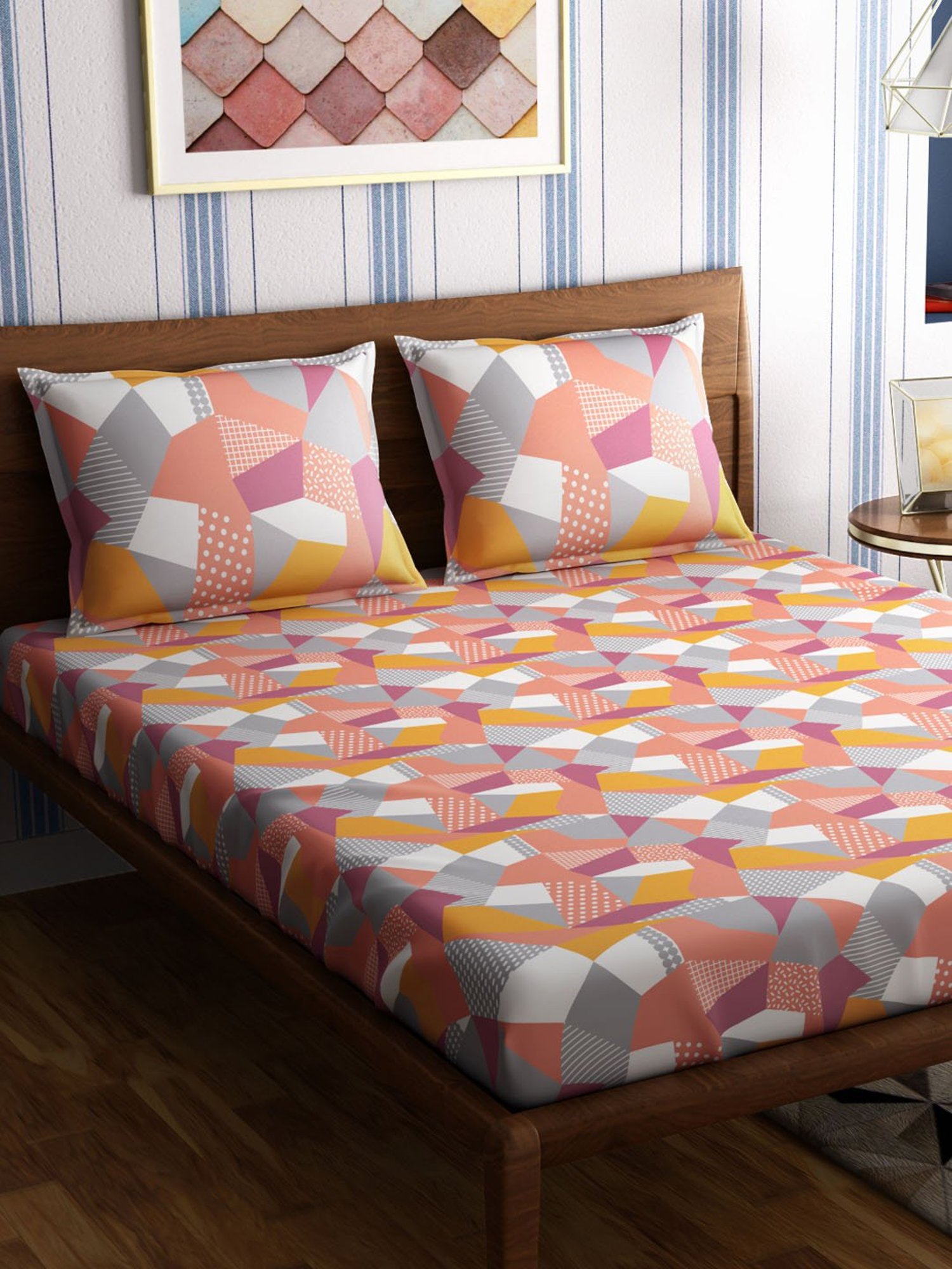 Petal Home Origami Abstract Multicolor 300 TC Cotton King Size Bed Sheet with 2 Pillow Covers