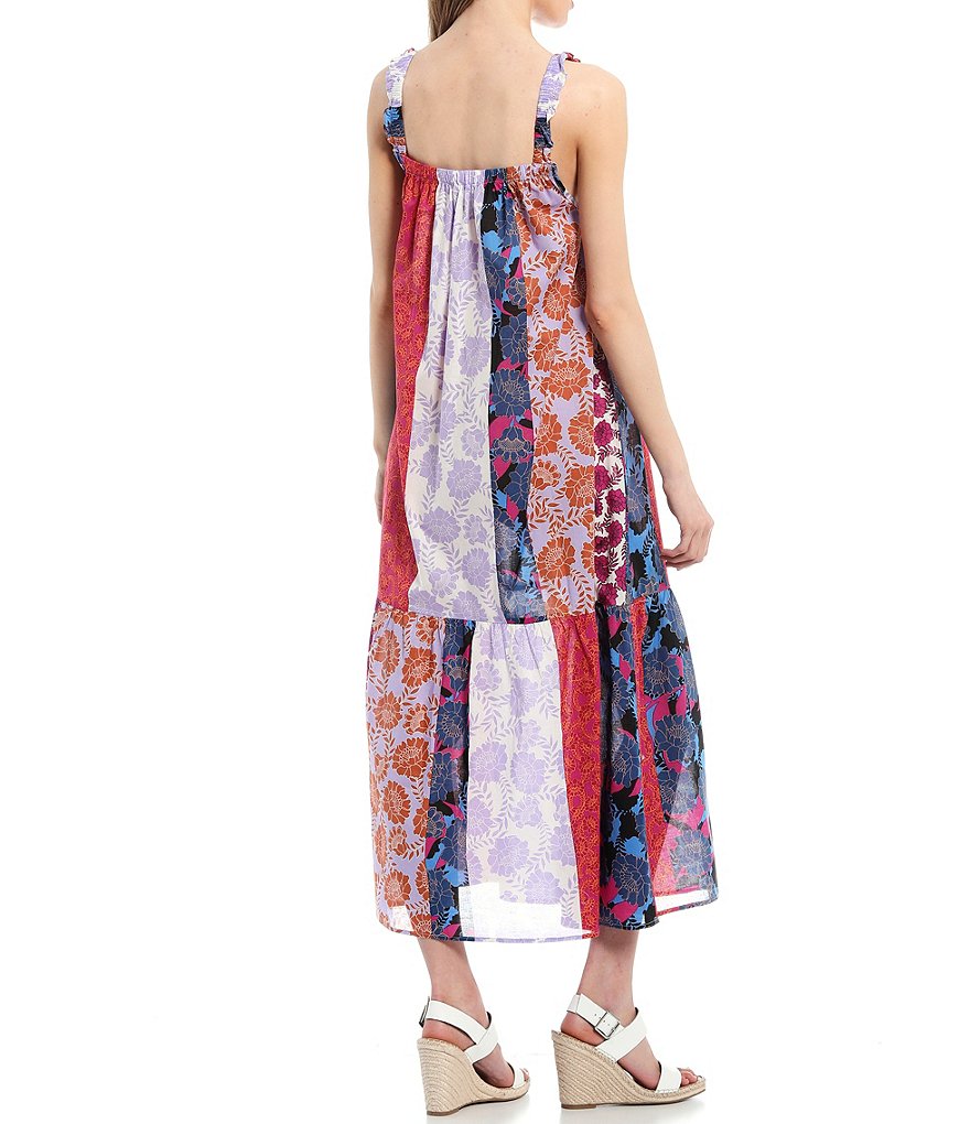 BB Dakota by Steve Madden Away Message Mixed Patchwork Print Square Neck Sleeveless Swing Midi Dress